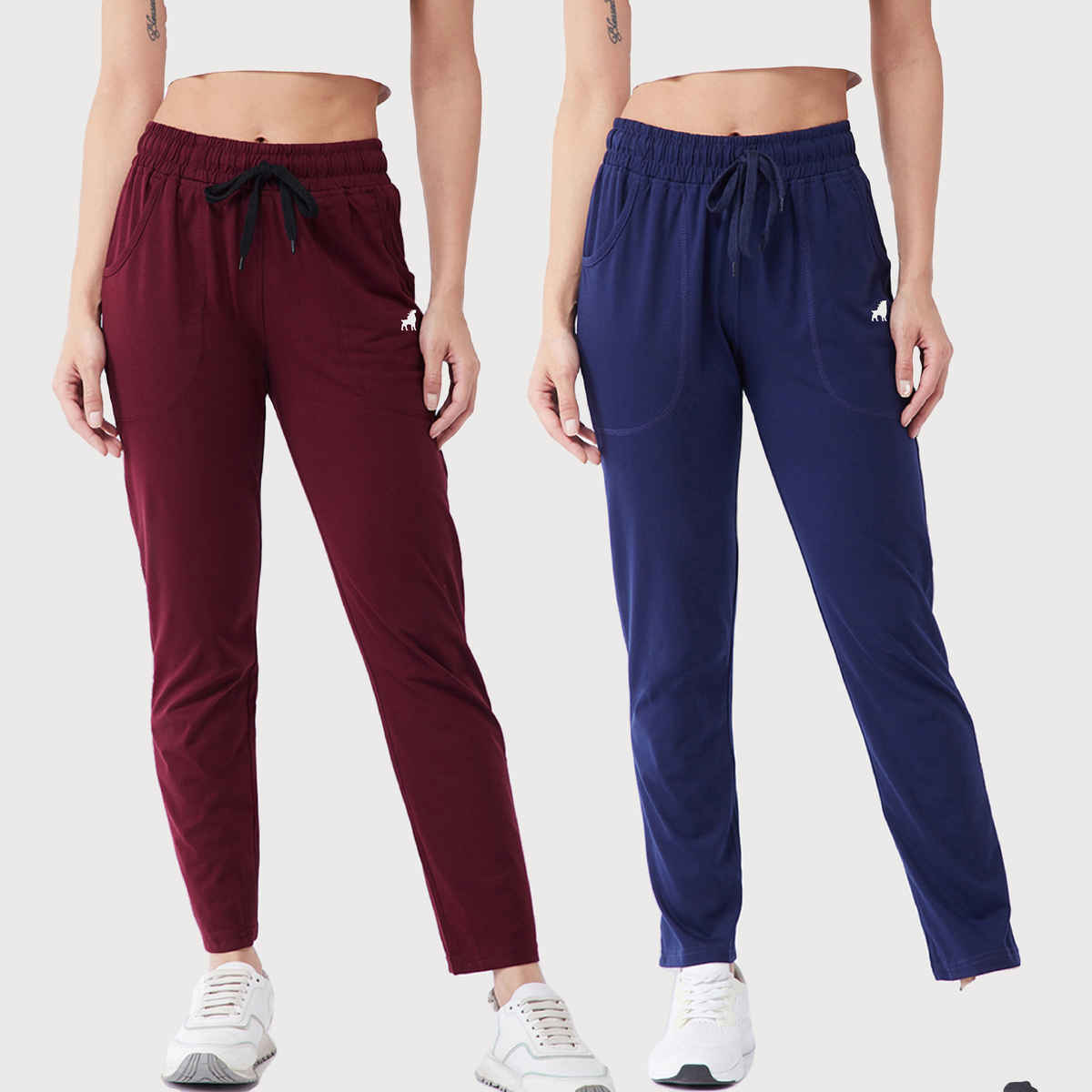Modeve Women's Cotton Blend Solid Track Pant for Summer | Navy and Wine | L