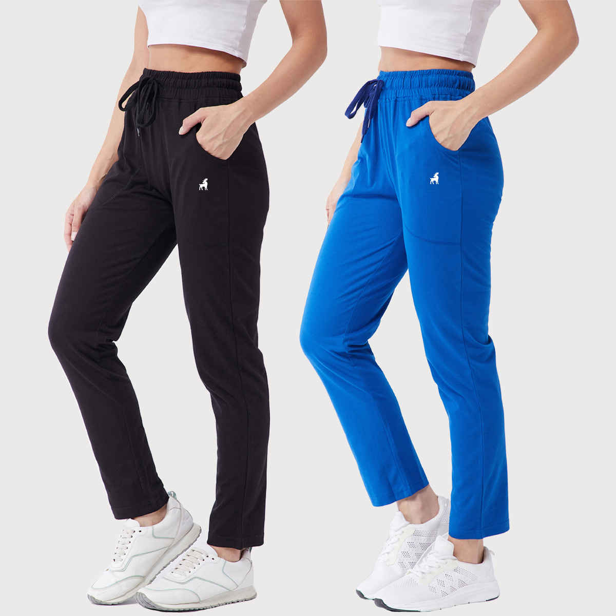 Modeve Women's Cotton Blend Solid Track Pant for Summer | Black and Blue | L