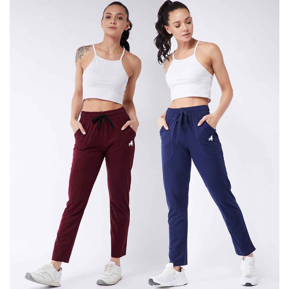 Modeve Women's Cotton Blend Solid Track Pant for Summer | Navy and Wine | XL