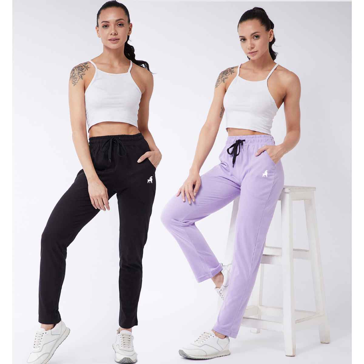 Modeve Women's Cotton Blend Solid Track Pant for Summer | Black and Lavender | M