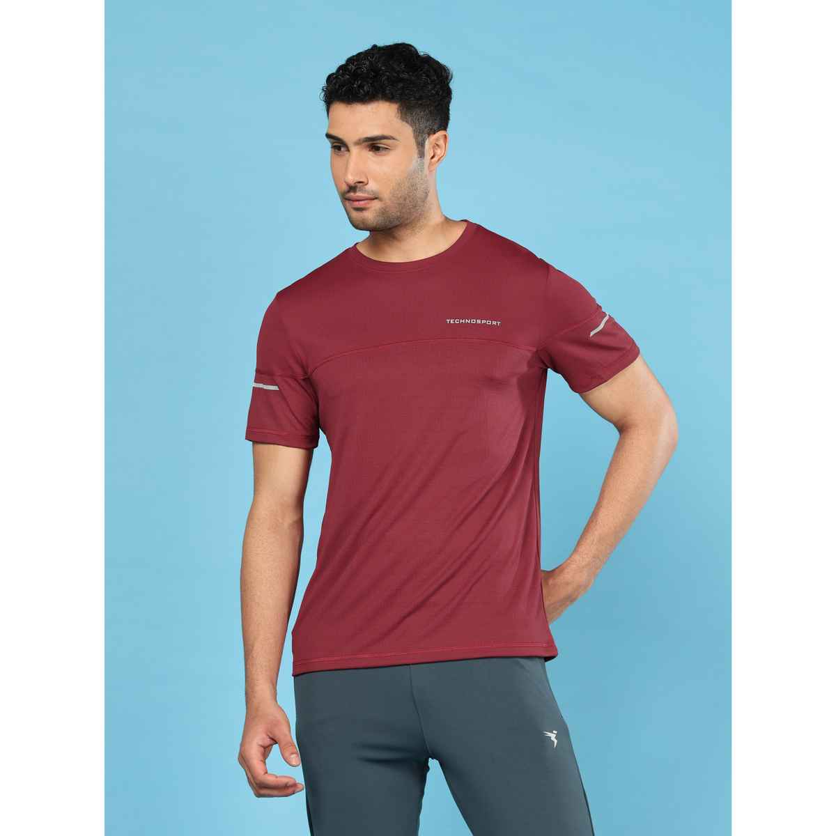 Technosport Men's Poly Solid Slim Fit Round Neck Sports T-shirt | Berry Red - XL