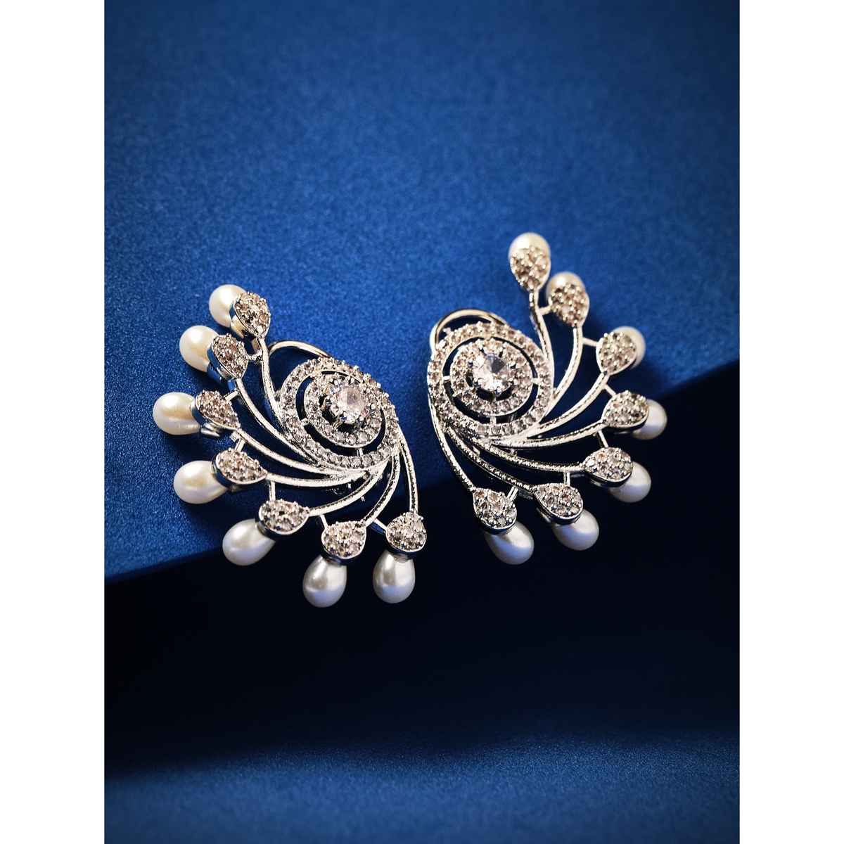 Rubans Silver-Plated Pearls and Cubic Zirconia Studded Oversized Premium Floral Stud Earring