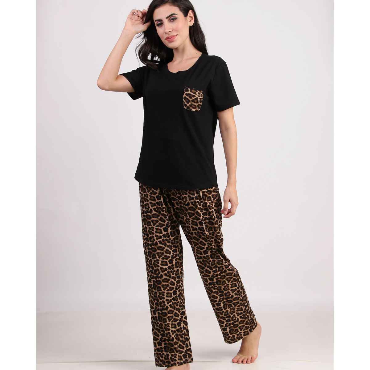 Masha Women's Cheetah Blk Brown Cotton Pajamas | Set | M