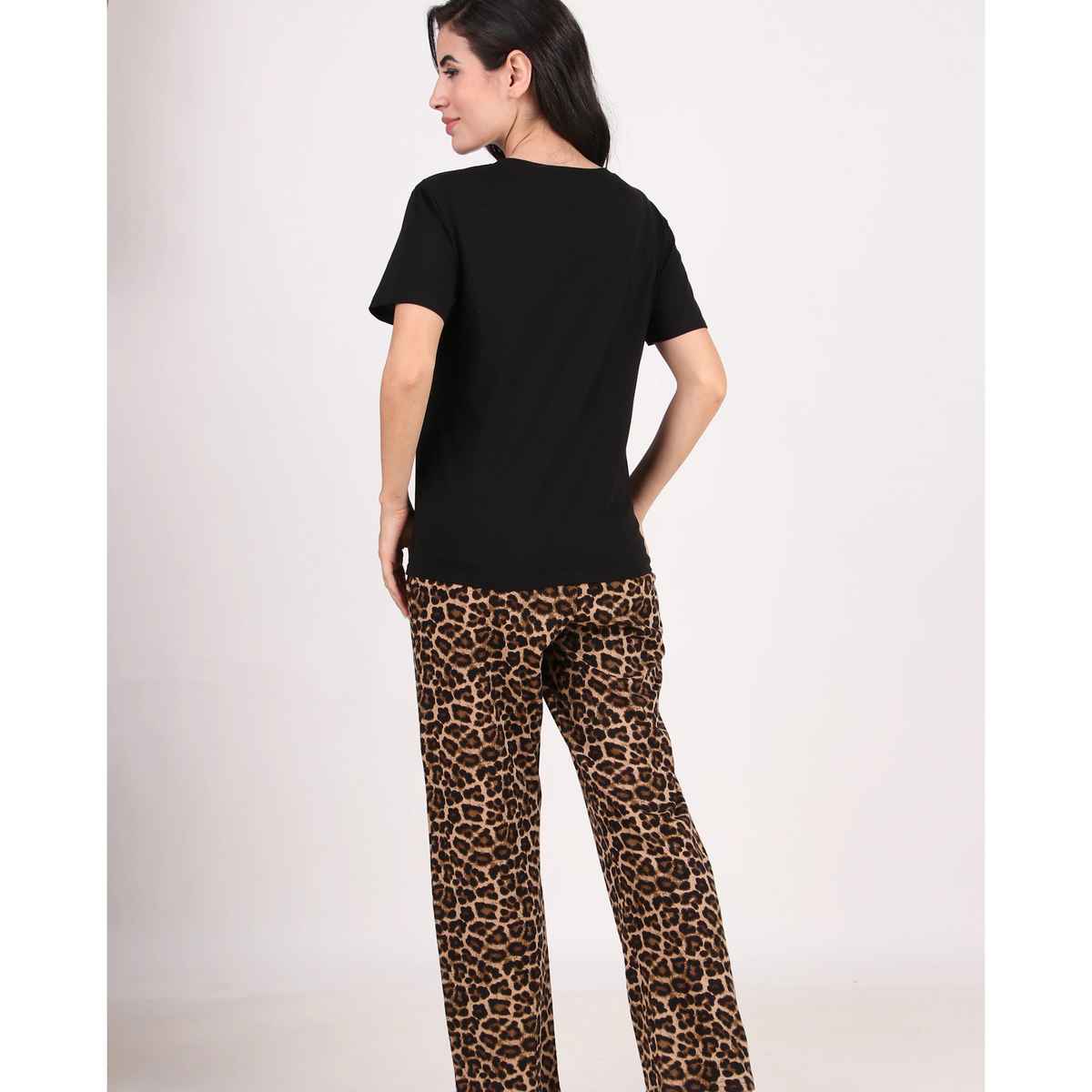 Masha Women's Cheetah Blk Brown Cotton Pajamas | Set | M