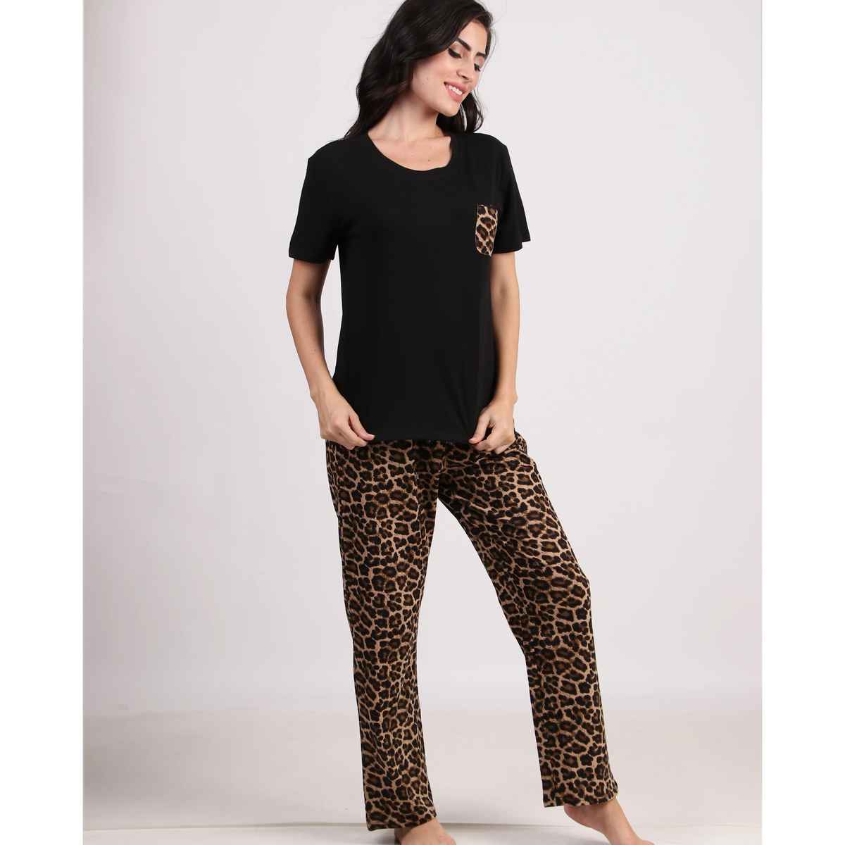 Masha Women's Cheetah Blk Brown Cotton Pajamas | Set | M