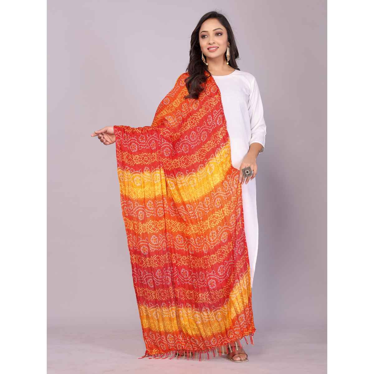 Fabflick Chinon Crush Printed Multicolor Tassel Embellished Women's Dupatta | CHNCR-003