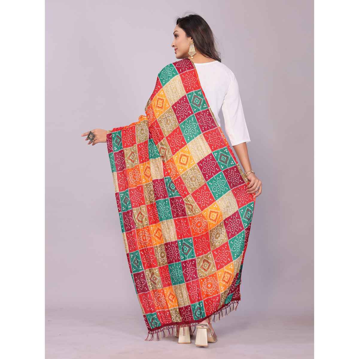 Fabflick Chinon Crush Printed Multicolor Tassel Embellished Women's Dupatta | CHNCR-001