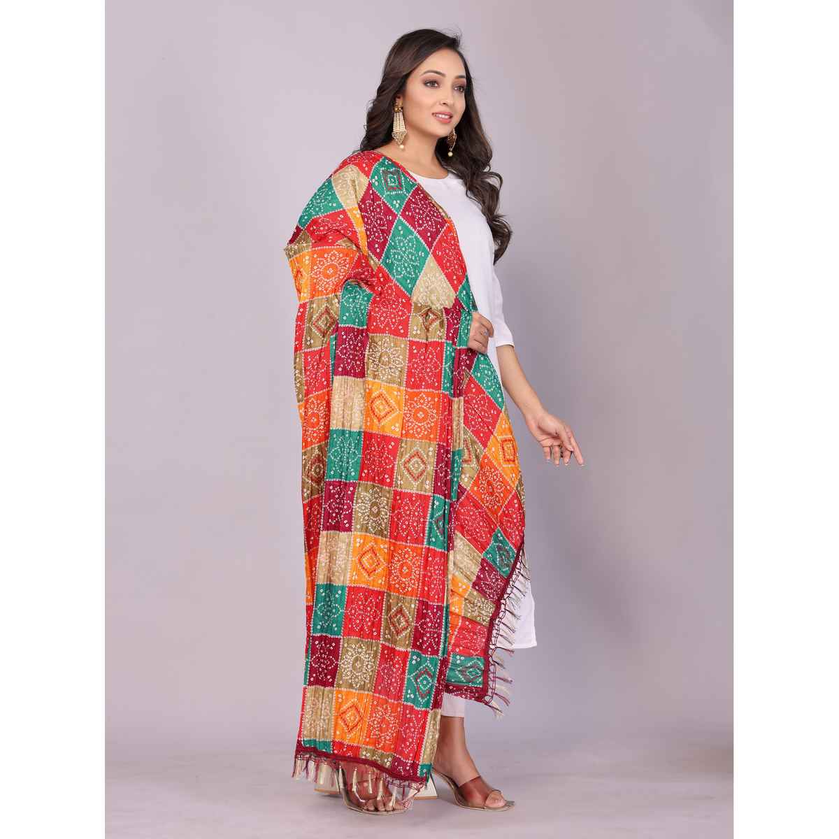 Fabflick Chinon Crush Printed Multicolor Tassel Embellished Women's Dupatta | CHNCR-001