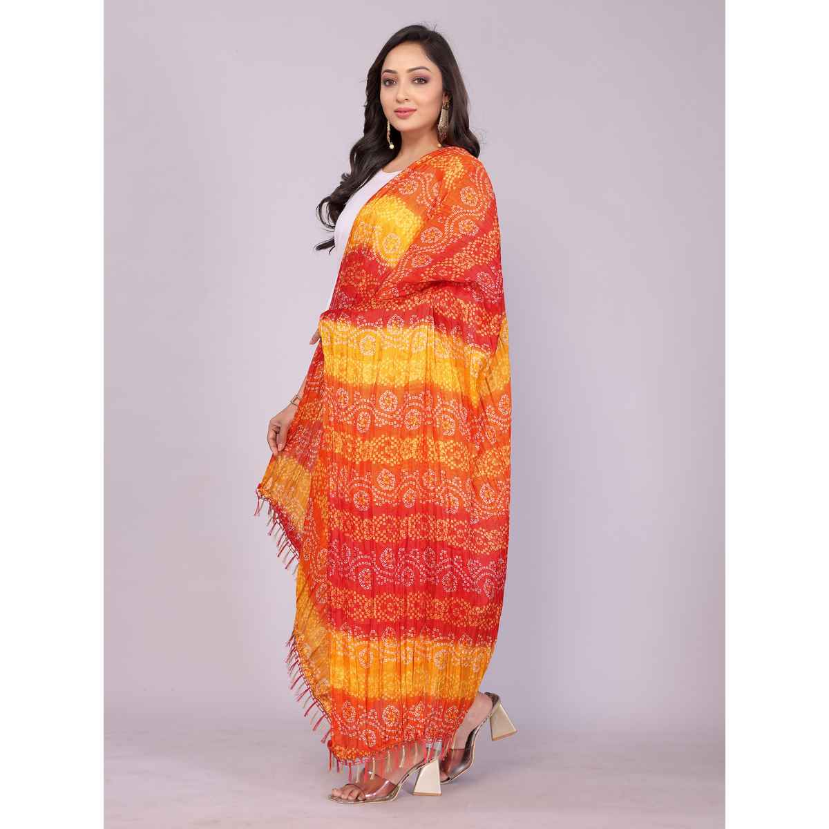 Fabflick Chinon Crush Printed Multicolor Tassel Embellished Women's Dupatta | CHNCR-003