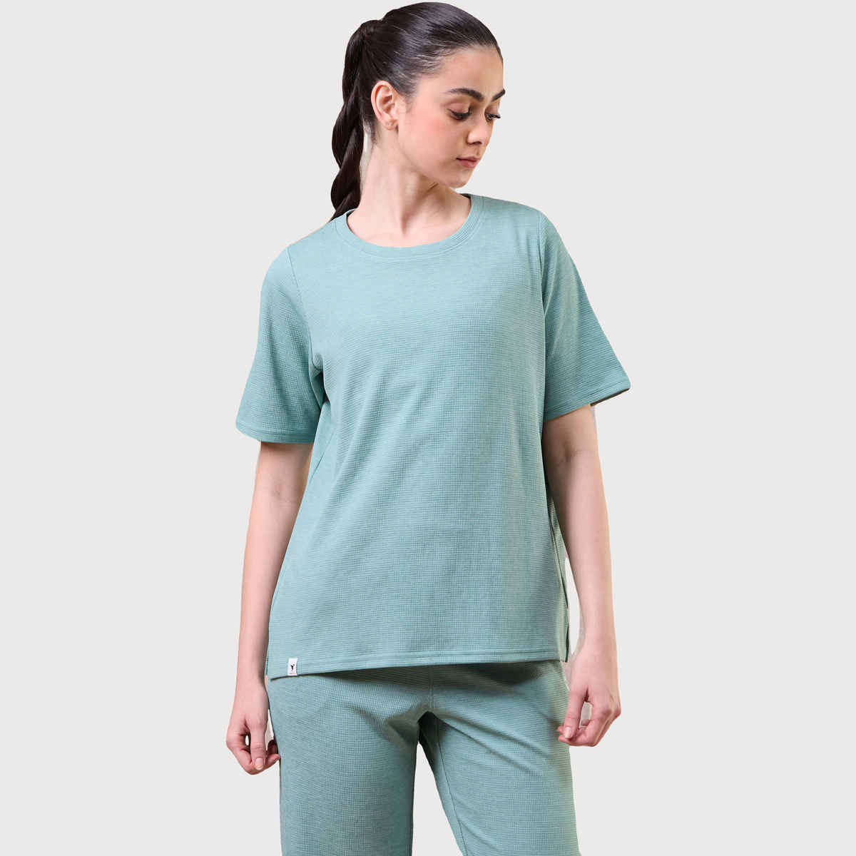 Technosport Women's Relaxed Fit Round Neck T-shirt with DOUBLE COOL - Lake Green Melange XL