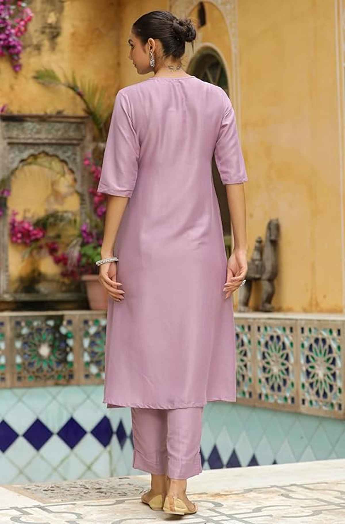 Janasya Women's Lavender Silk Blend Solid Wrap Kurta Set | L