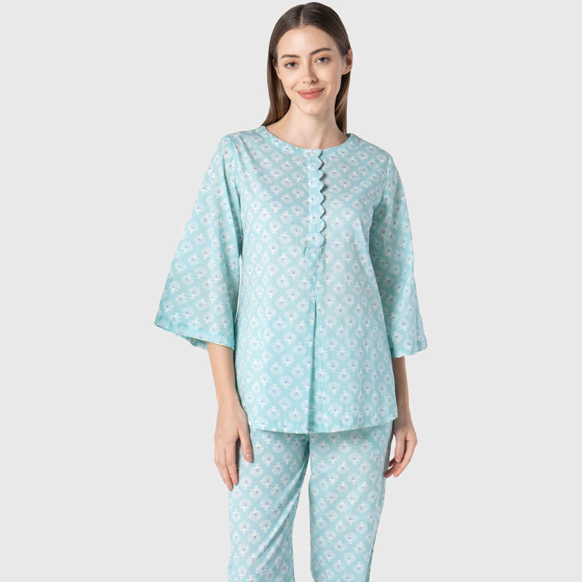 Sanskrutihomes Women Floral Printed Pure Cotton Sky Blue Night Suit SE-NSP-663 | S