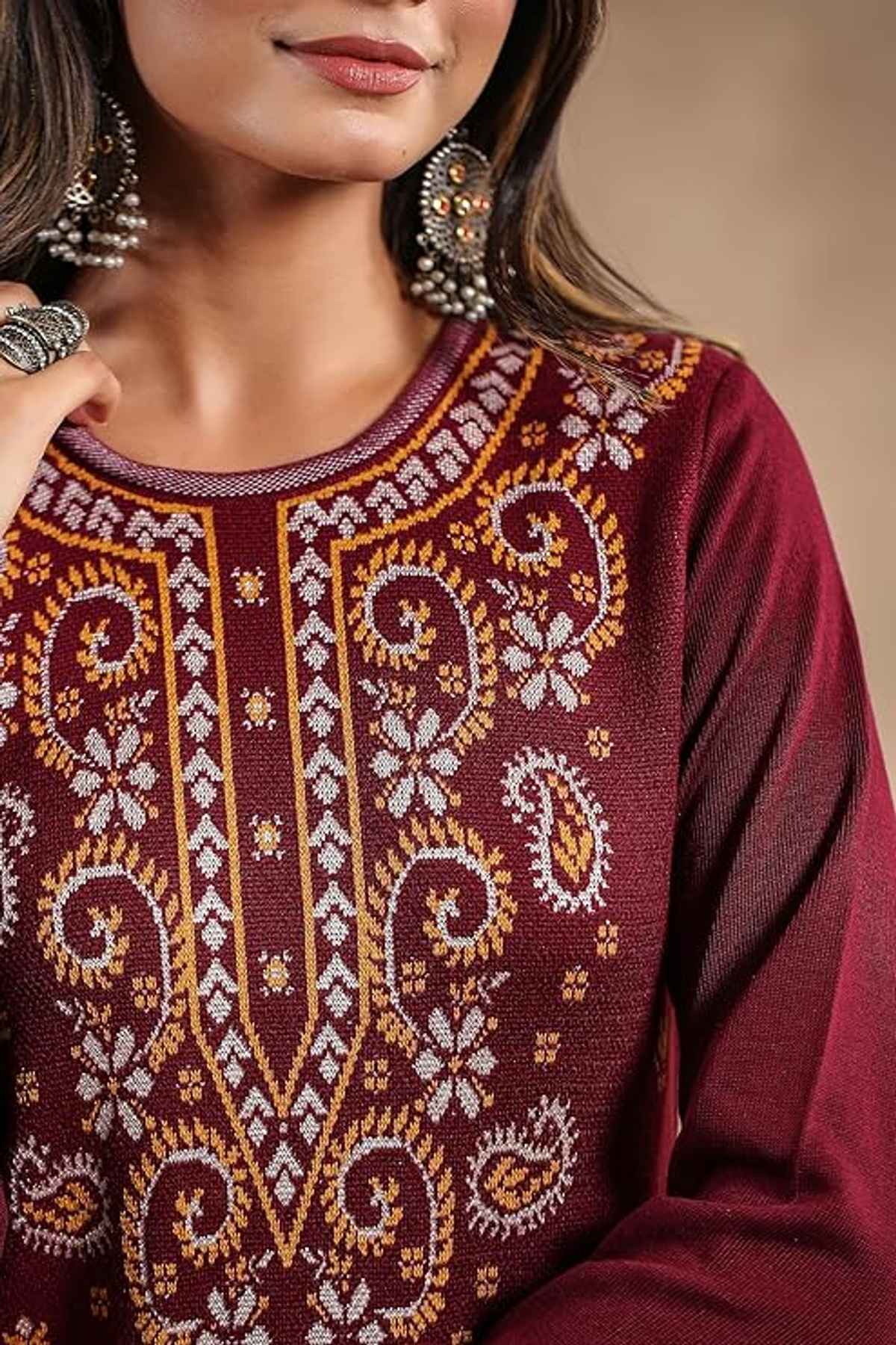 Ishin Women's Kurta Ethnic Straight Poly | Wine - M