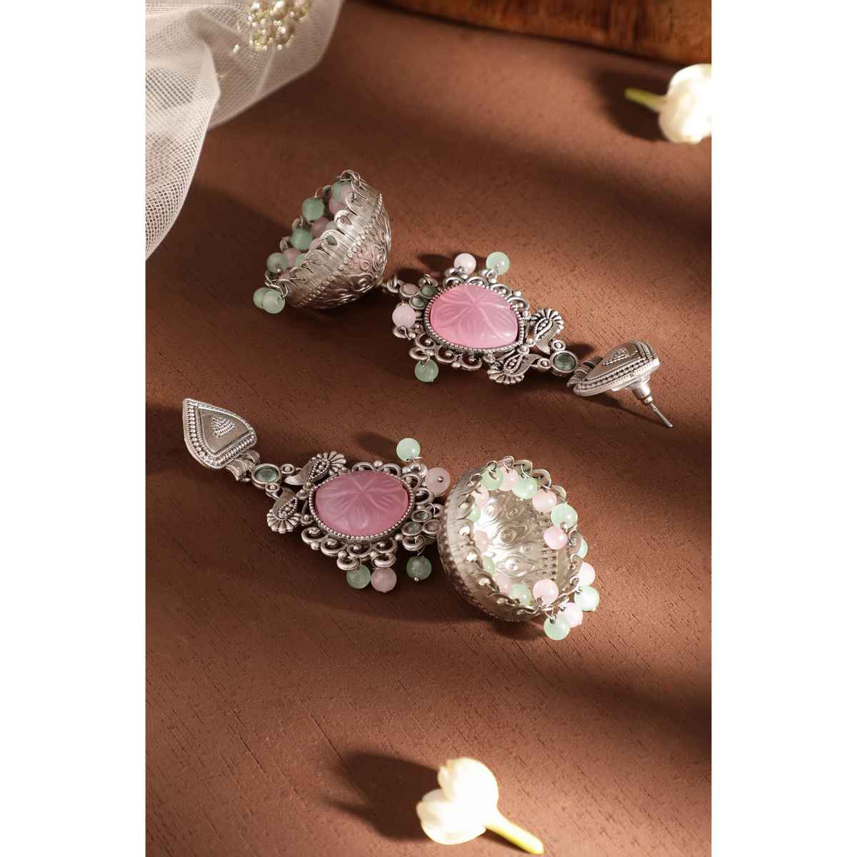 Rubans Silver-Plated Oxidised Jhumka Earrings with Pastel Pink Gemstone and Mint Green Beads