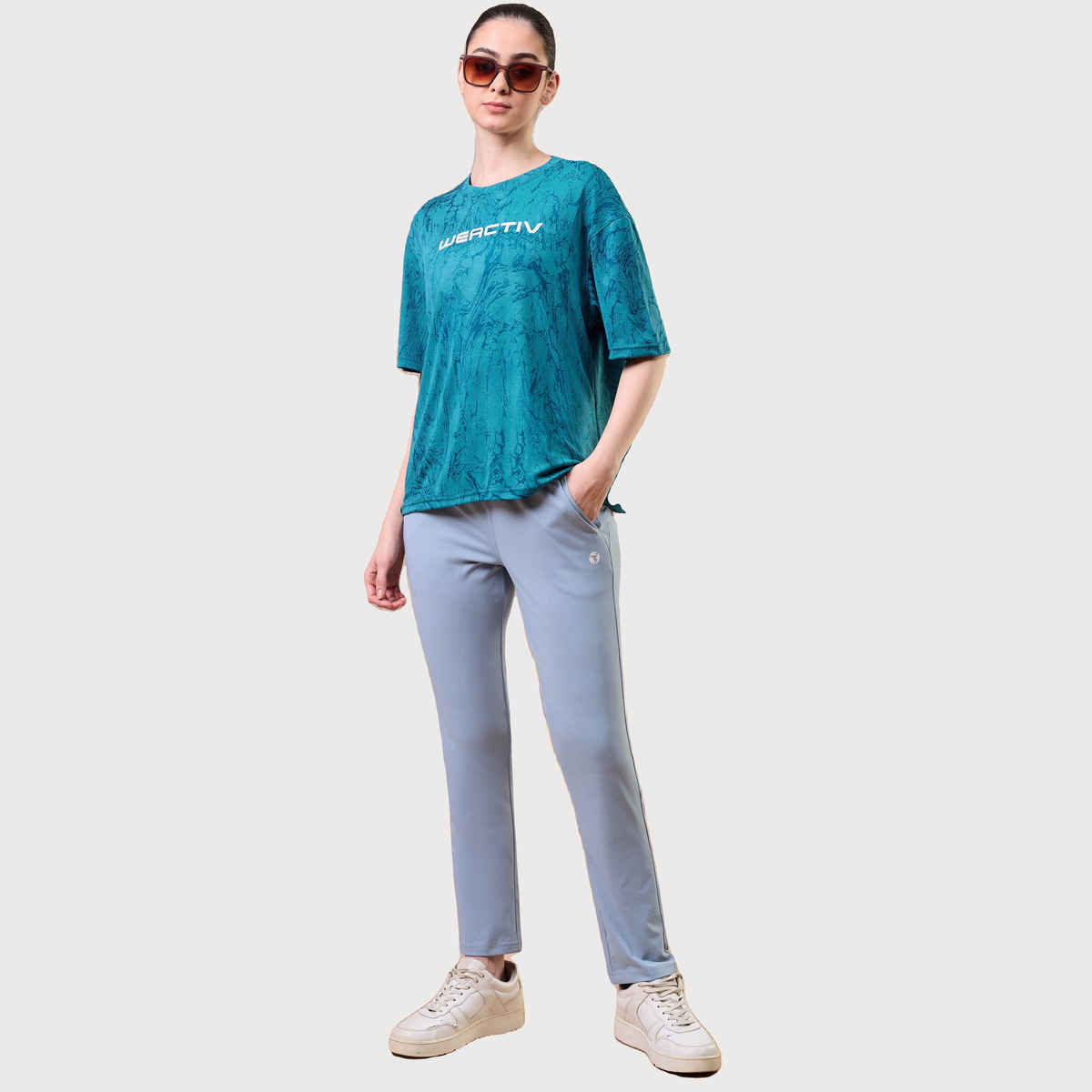 Technosport Women's Jacquard Boxy Fit Round Neck Sports T-shirt with DOUBLE COOL - Teal M