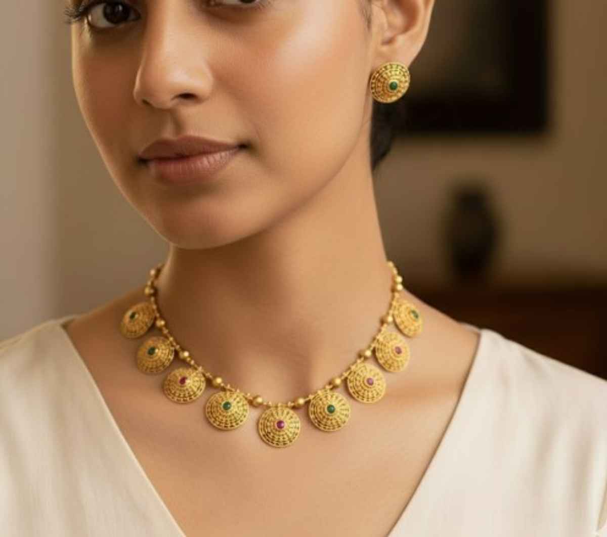 The Opal Factory Necklace Set Golden Round Intricate Filigree Motif & Stud Earrings in Golden Chain