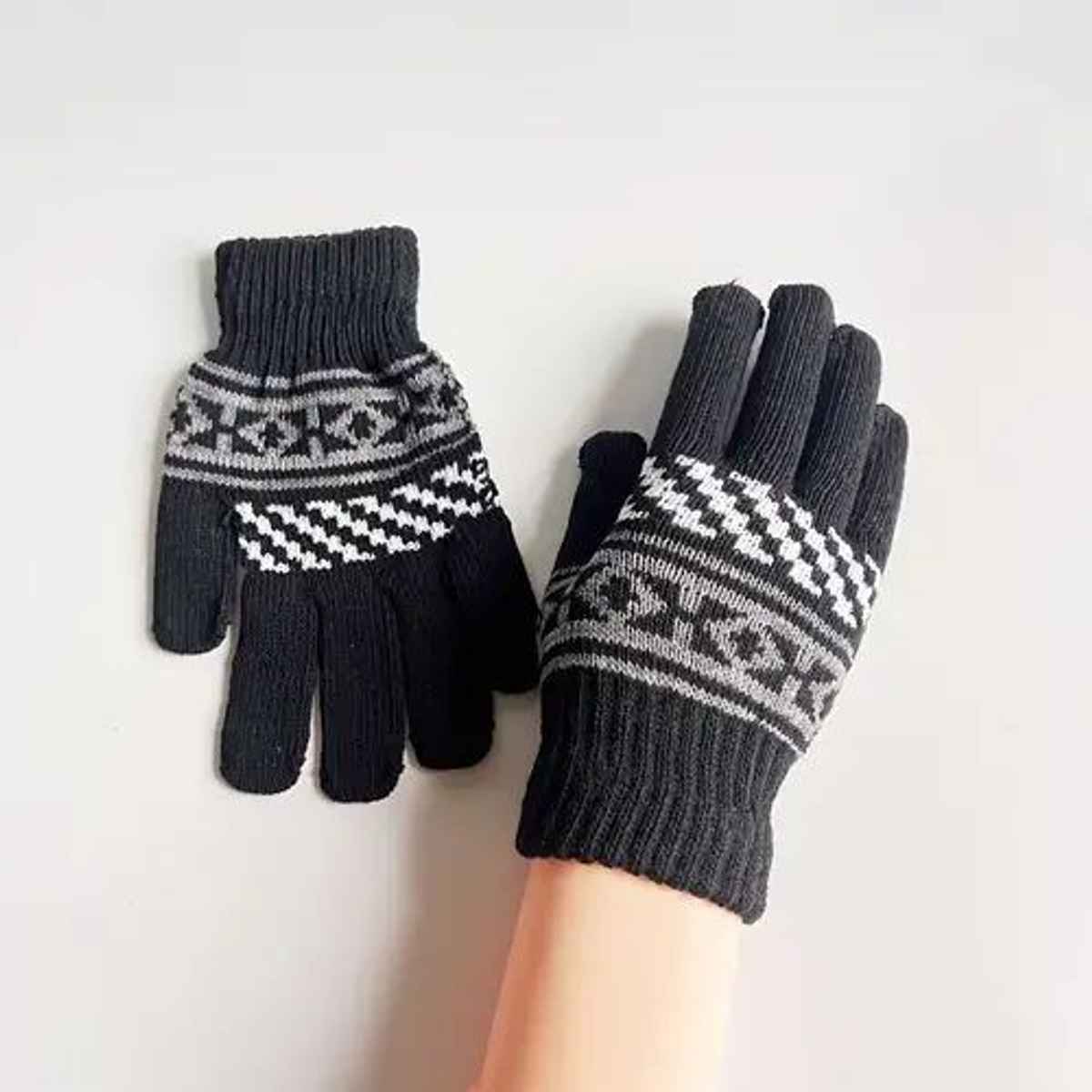 Infispace Unisex Winter Woolen Earmuff Beanie Knitted Cap Neck Set With Printed Gloves | Black