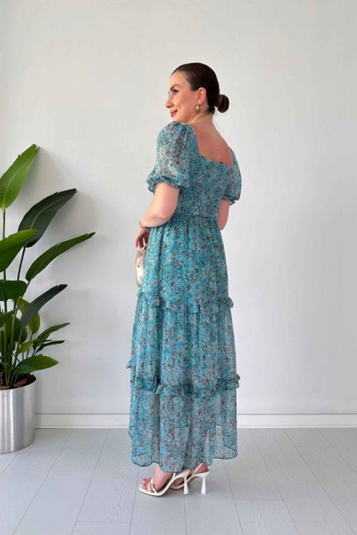 Sheetal Women's Floral Print Georgette Tiered Maxi Dress | DR11262 | Turquoise - XL