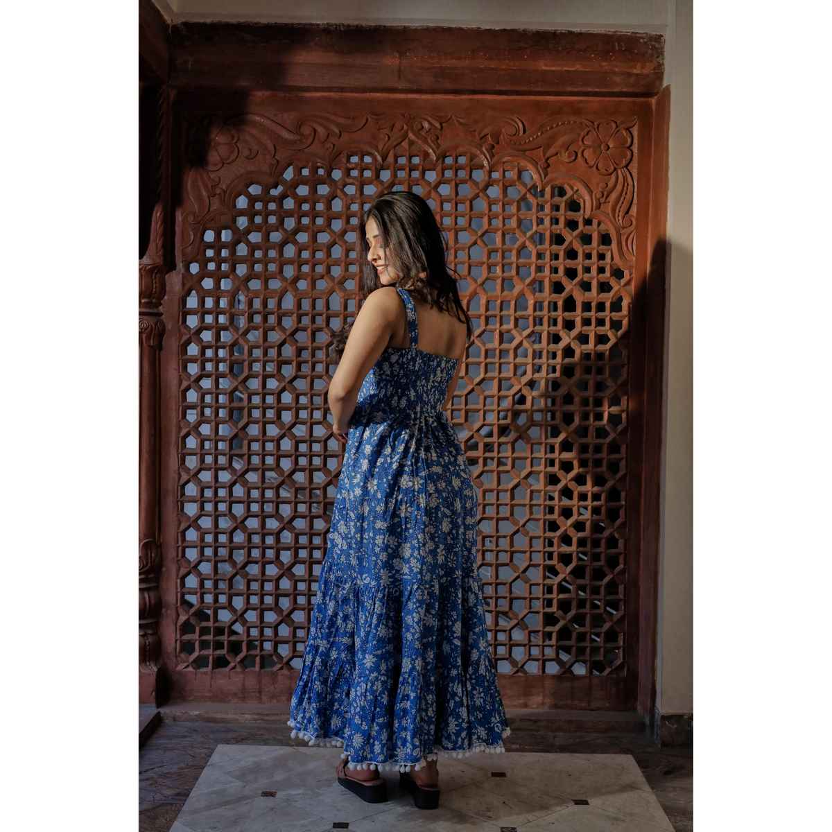 Divena Women s Indigo Floral Printed Shoulder Strip Long Dress | DK0694 | S