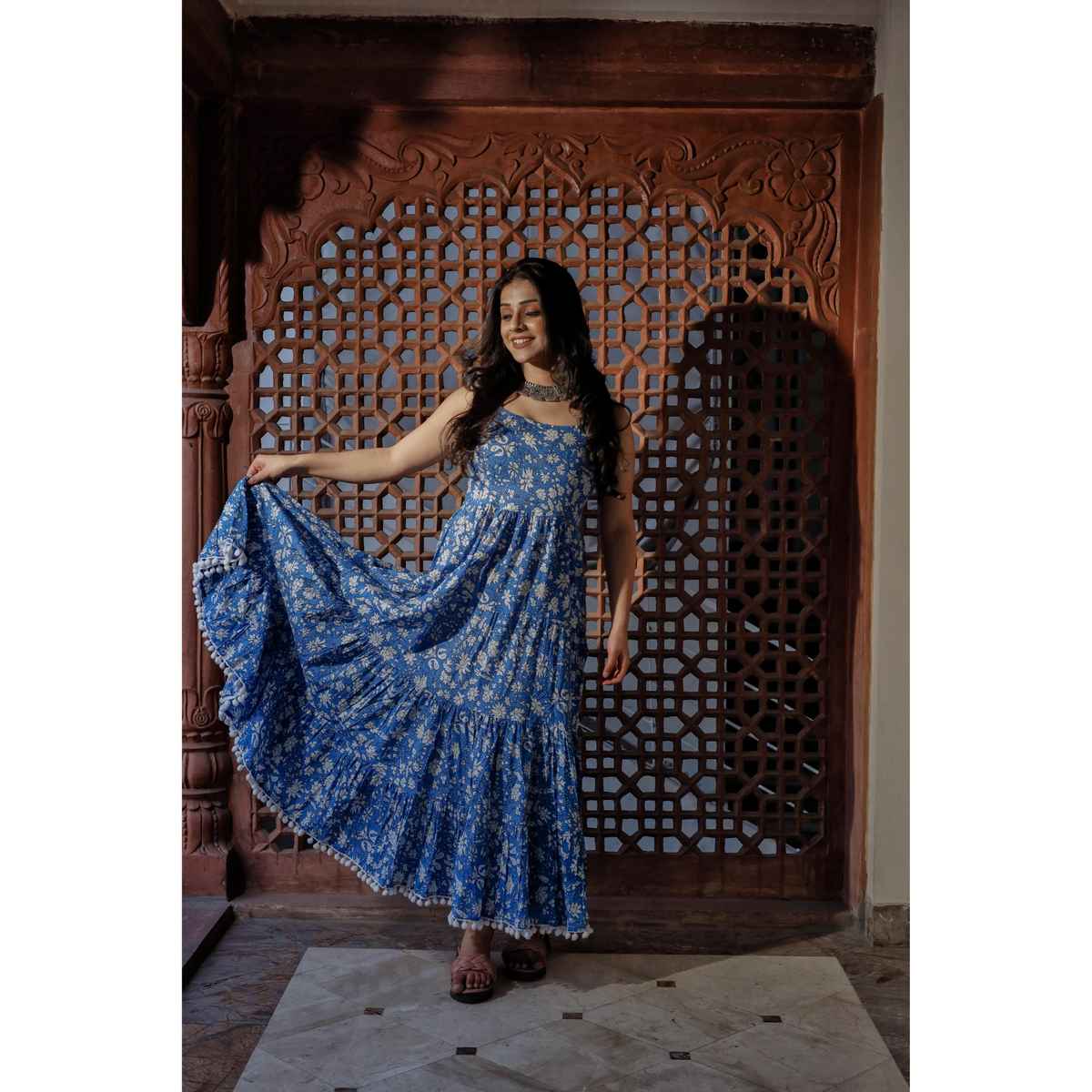 Divena Women s Indigo Floral Printed Shoulder Strip Long Dress | DK0694 | S