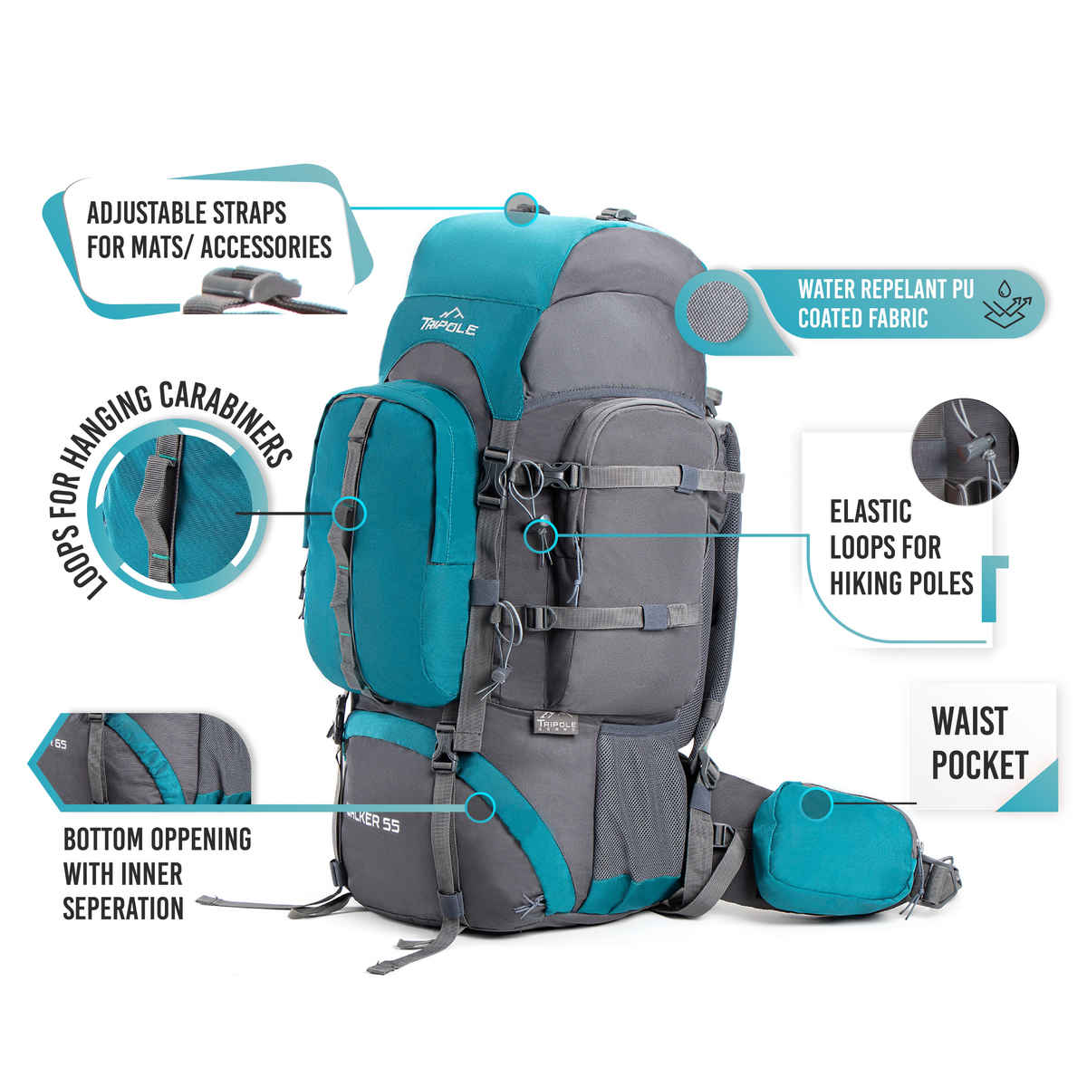 Tripole Unisex Solid Polyester 55 L Top Handle Rucksack | Grey and Sea Green - Standard