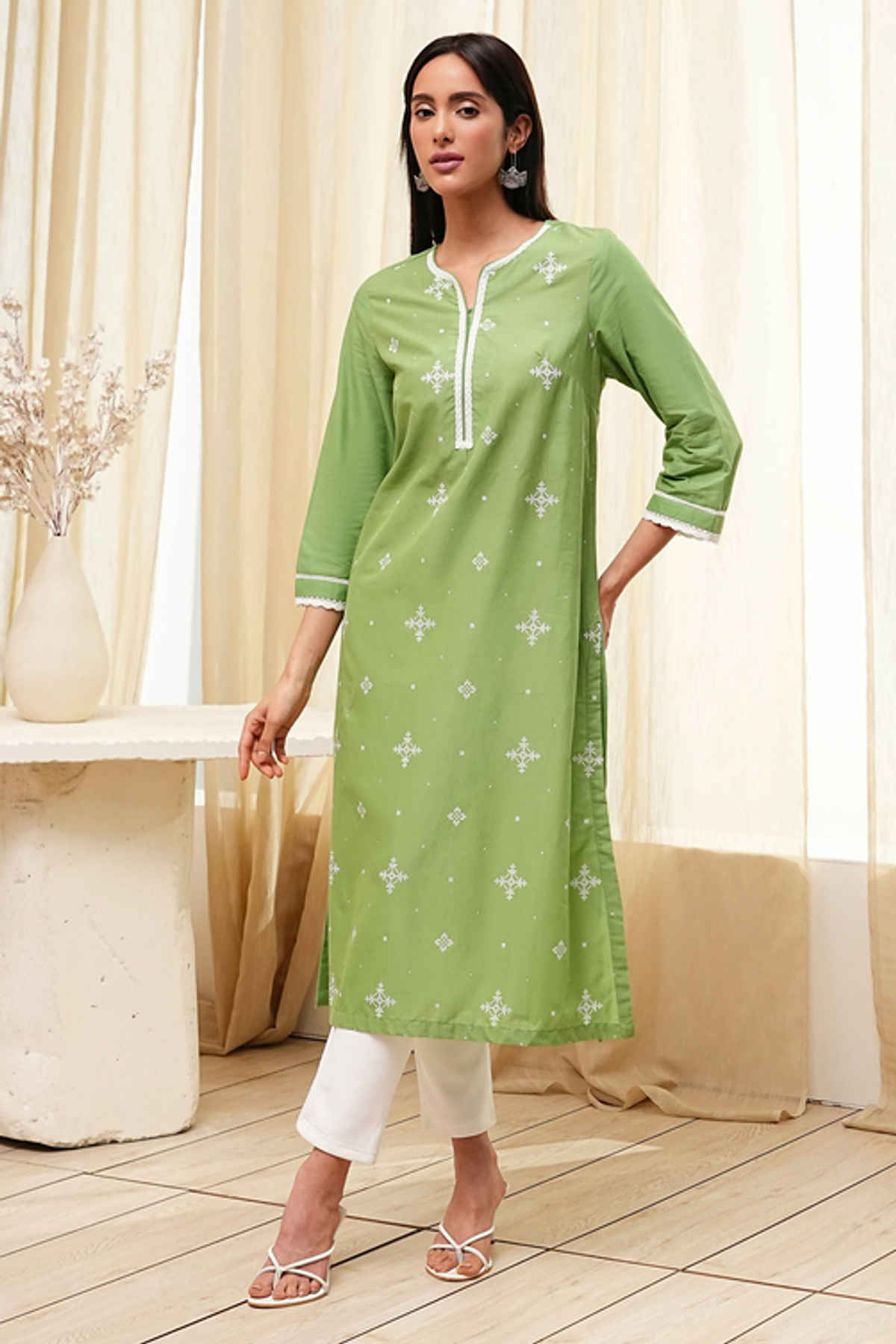Biba Women's Cotton Straight Kurta | SHTSG21490SS25OLV | Green | L