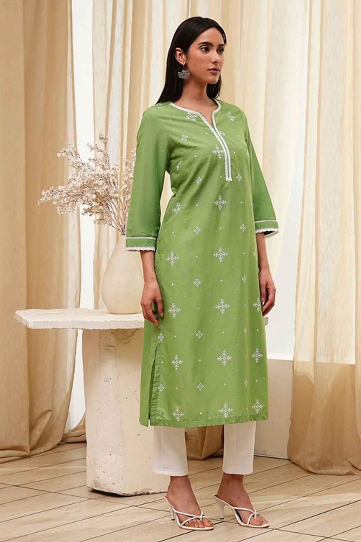 Biba Women's Cotton Straight Kurta | SHTSG21490SS25OLV | Green | L
