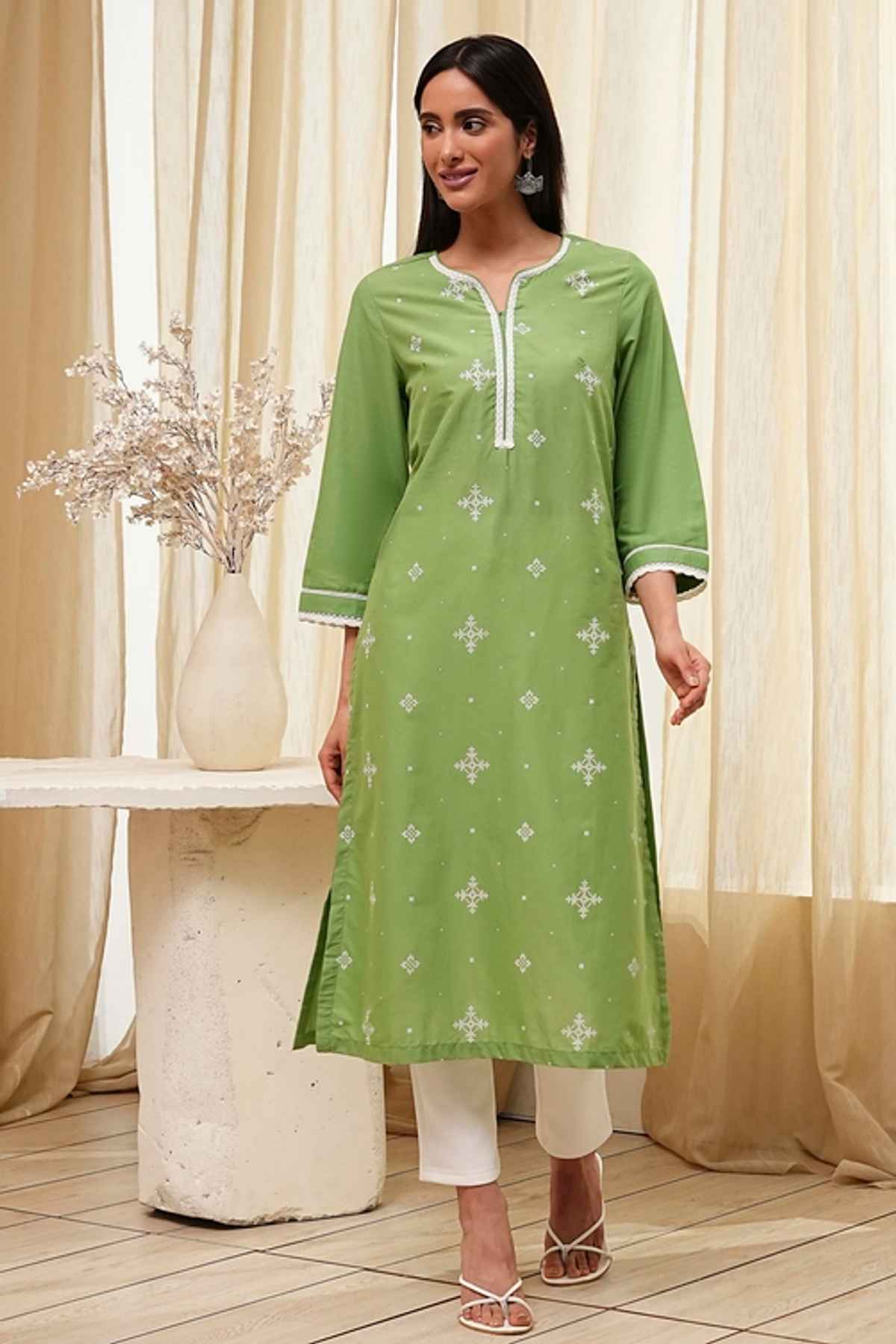 Biba Women's Cotton Straight Kurta | SHTSG21490SS25OLV | Green | L