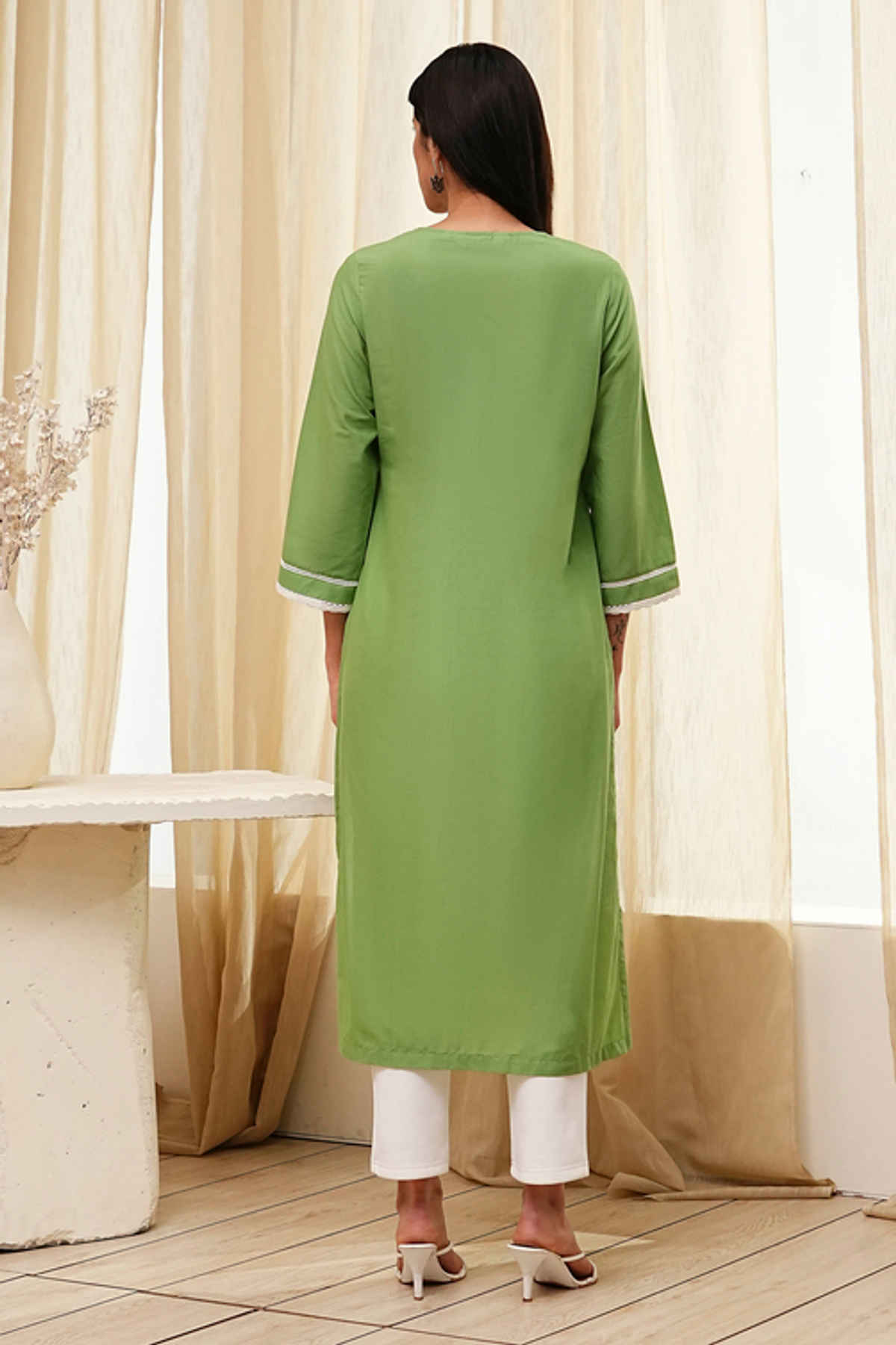 Biba Women's Cotton Straight Kurta | SHTSG21490SS25OLV | Green | L