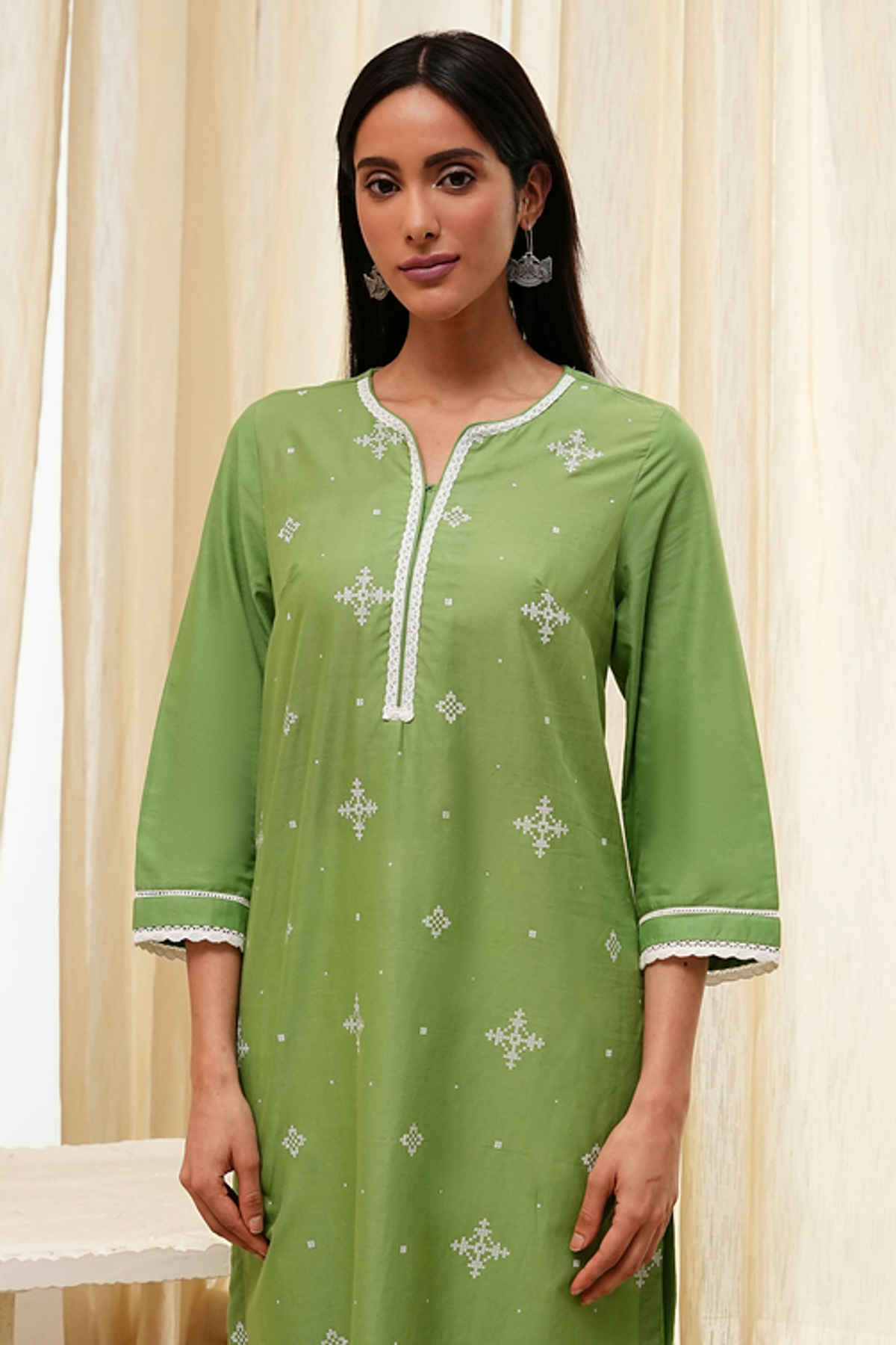 Biba Women's Cotton Straight Kurta | SHTSG21490SS25OLV | Green | L