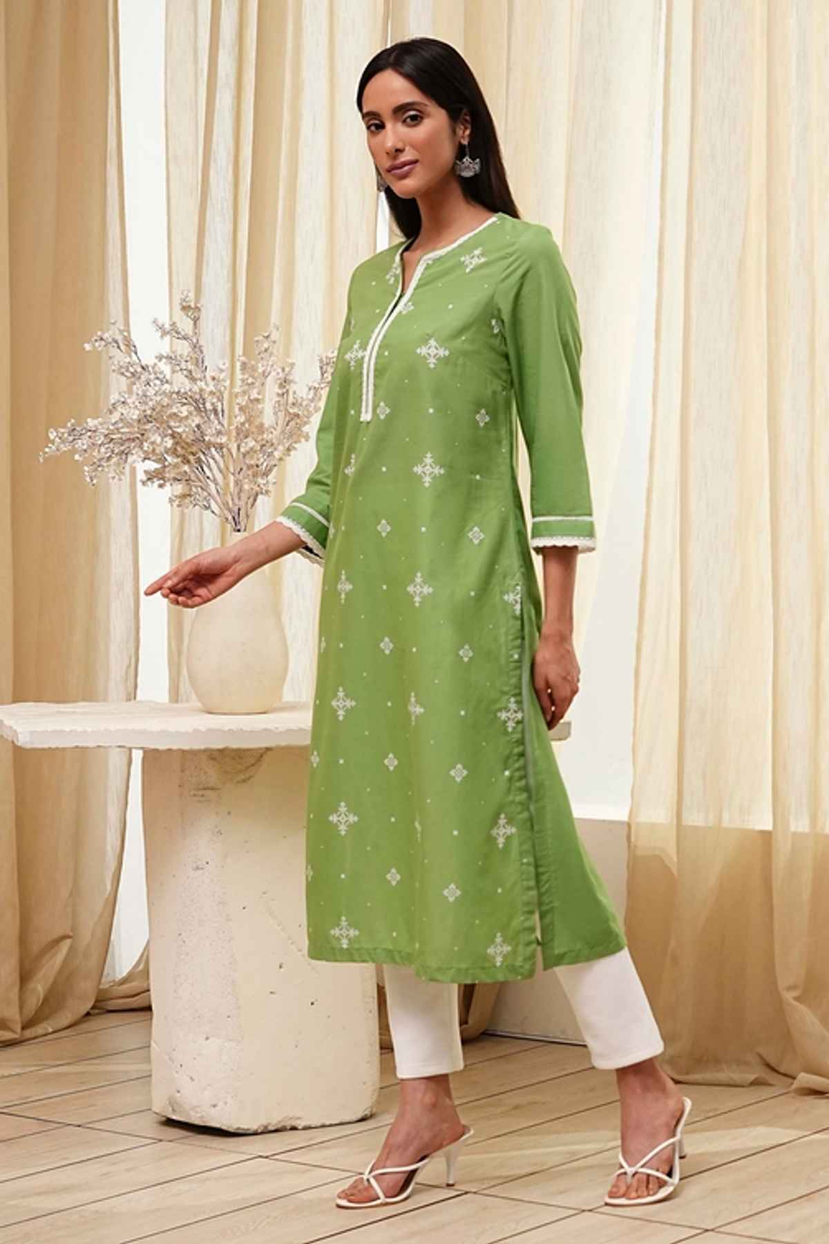 Biba Women's Cotton Straight Kurta | SHTSG21490SS25OLV | Green | L