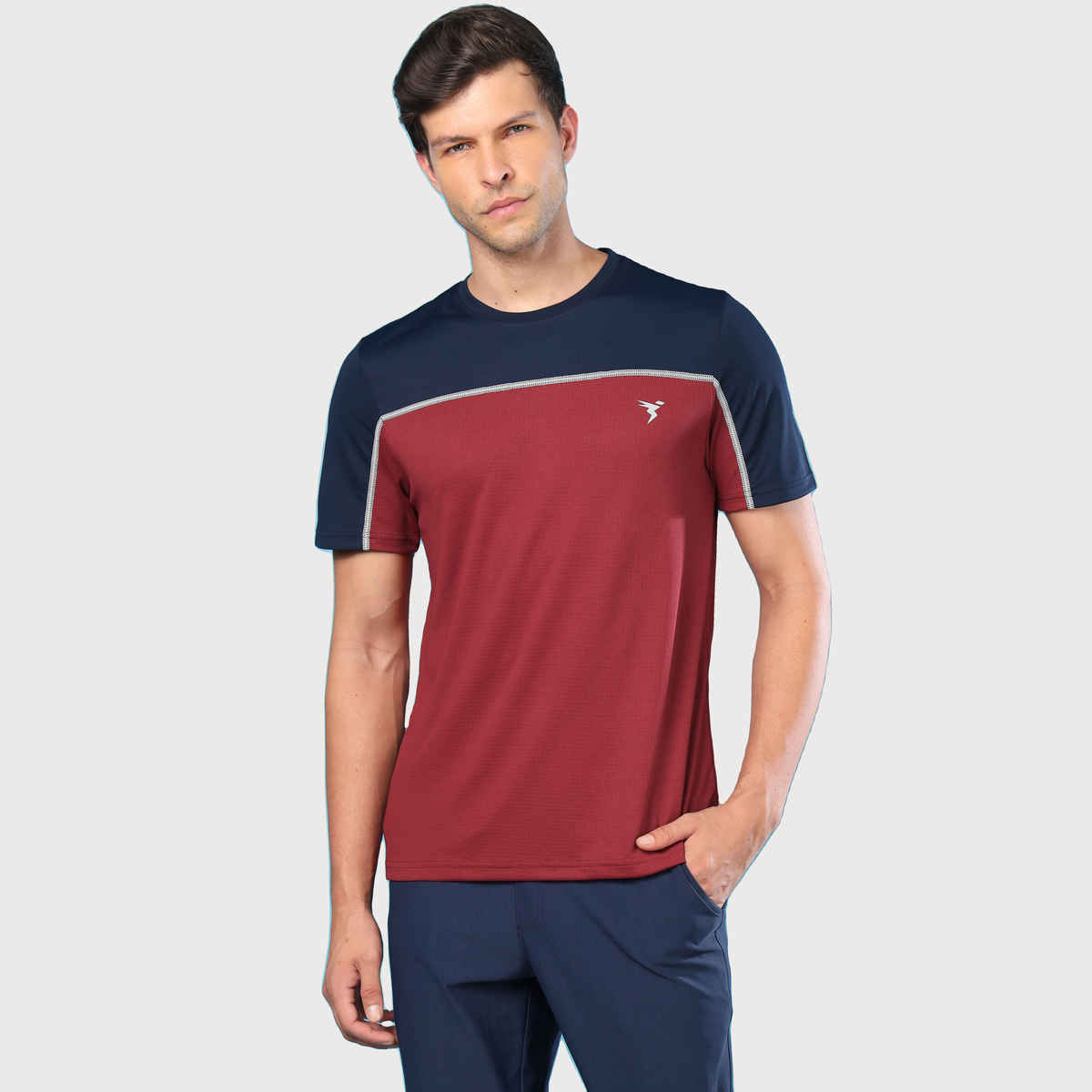 Technosport Men's Poly Colorblock Slim Fit Round Neck T-shirt | Berry Red - XL