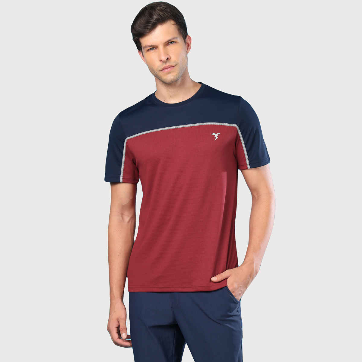 Technosport Men's Poly Colorblock Slim Fit Round Neck T-shirt | Berry Red - 2XL