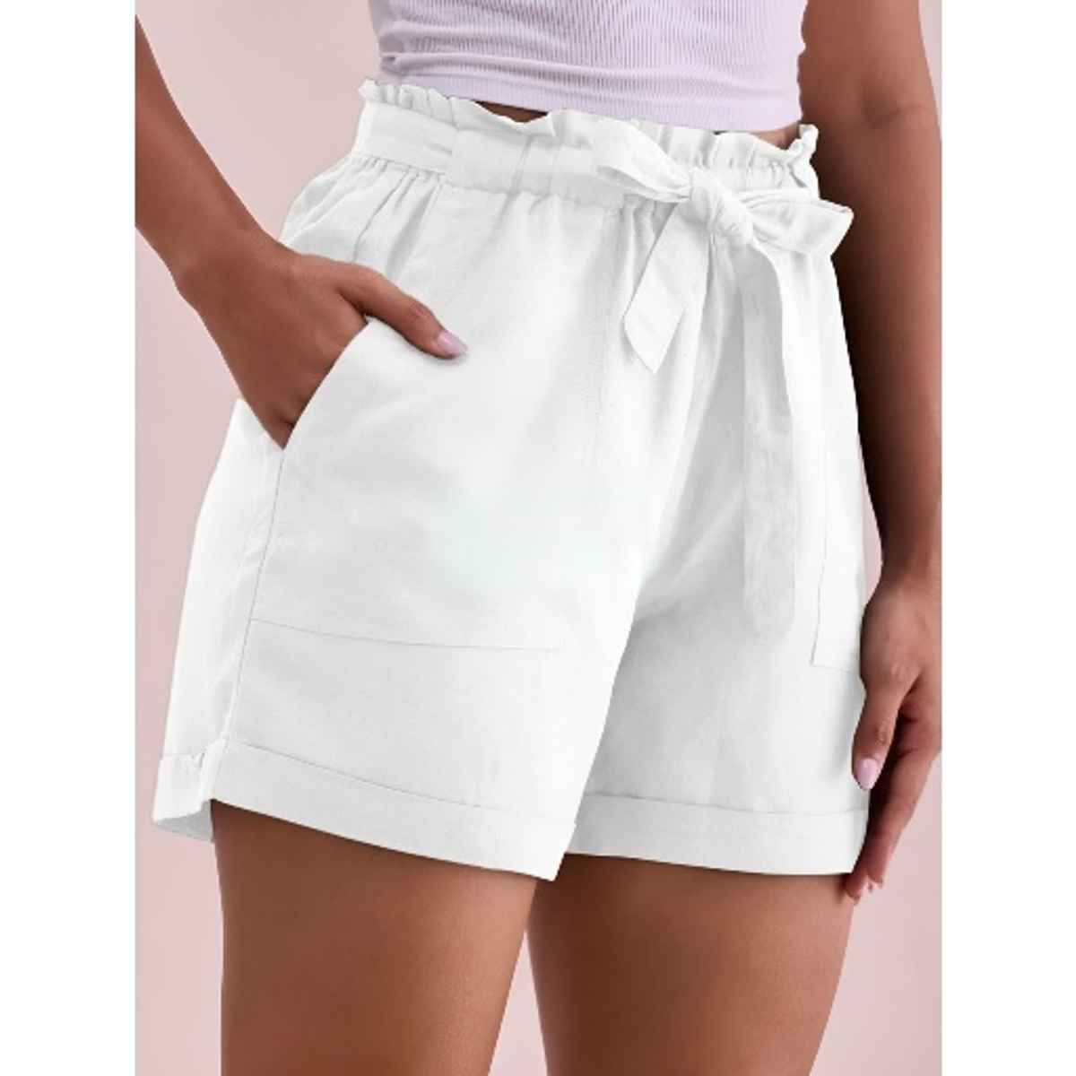 Luxrio Women's Cotton Linen Blended Shorts | WMNSHORTSCF | White - L