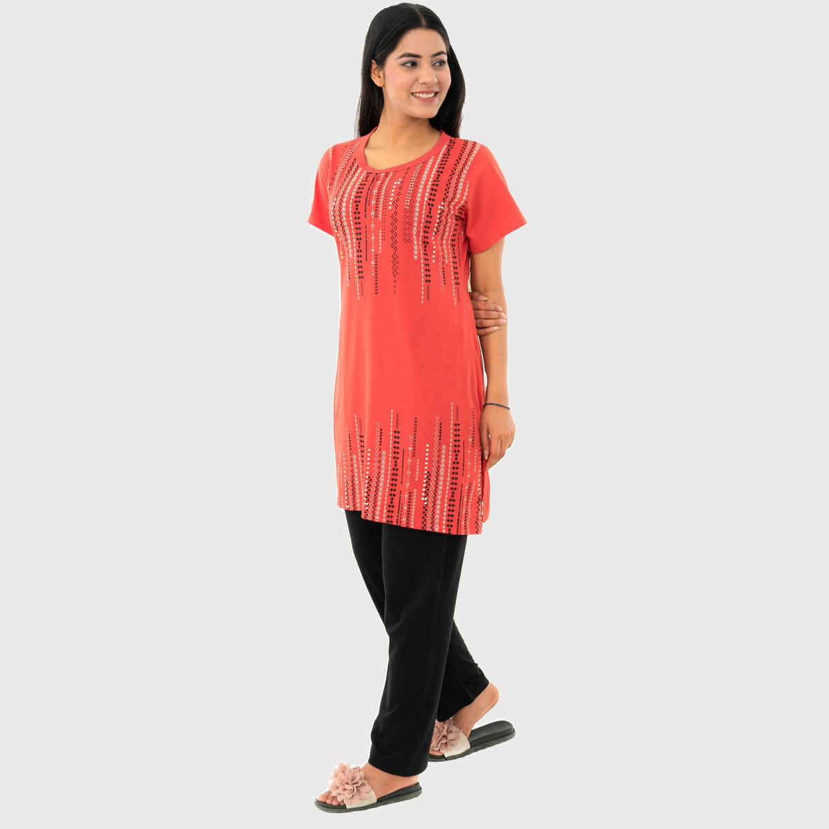 Duchess Women s Cotton Regular Fit Printed & Embroided Long Length Night Suit Set | T-Pink - XL