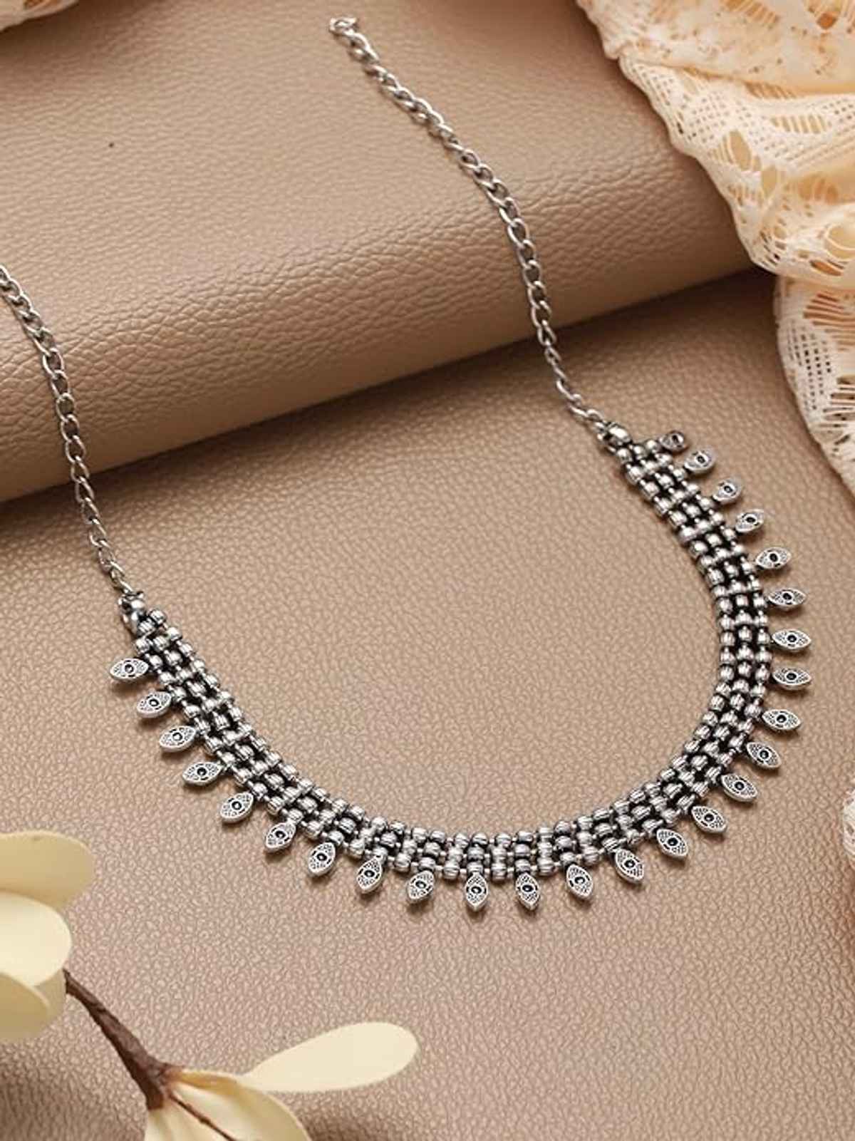 Aatmana Set of 2 Oxidised Silver-Tone Pearl Studded & Evil Eye Necklace