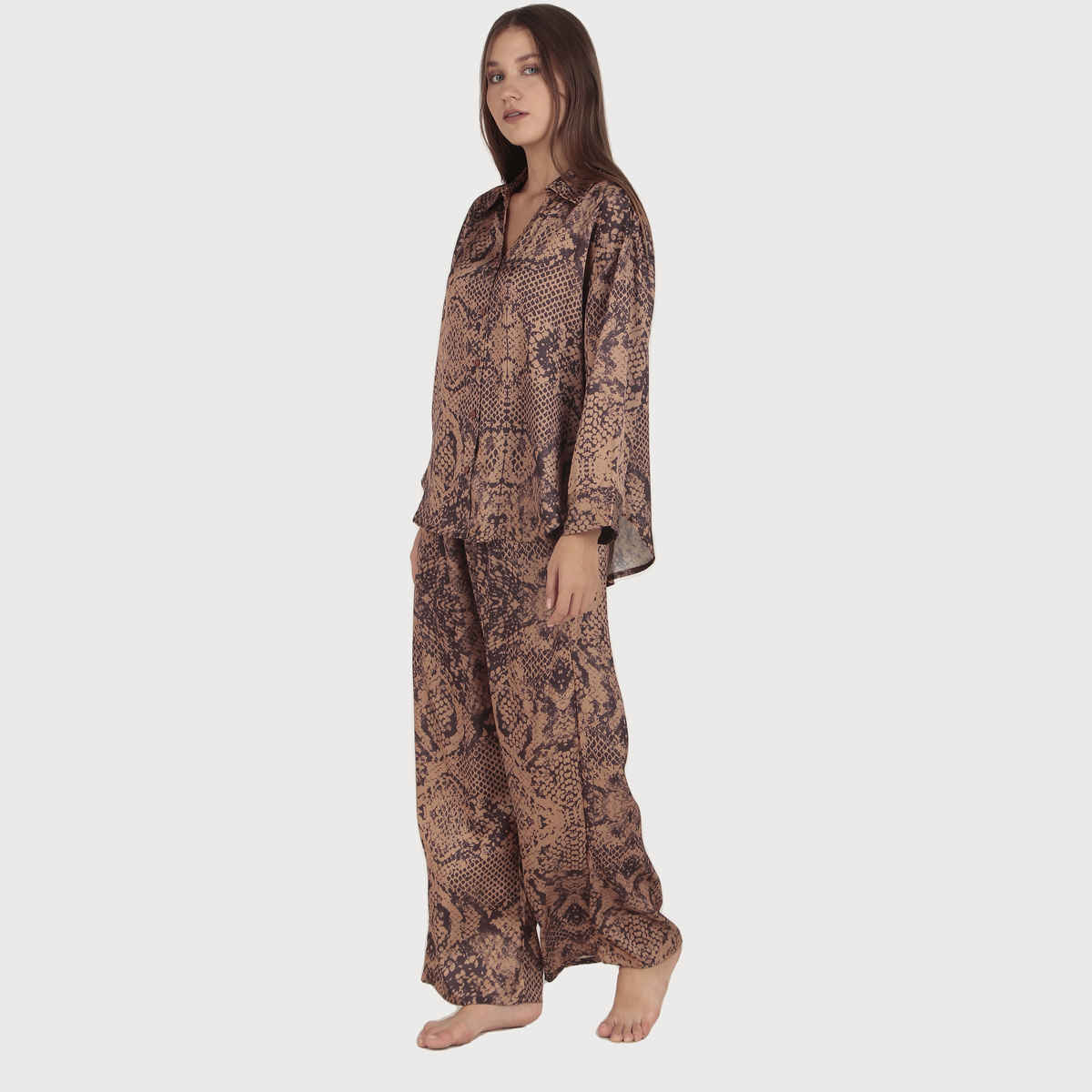 Masha Women's Snake Brown Oversized Satin Pajamas | Set | M
