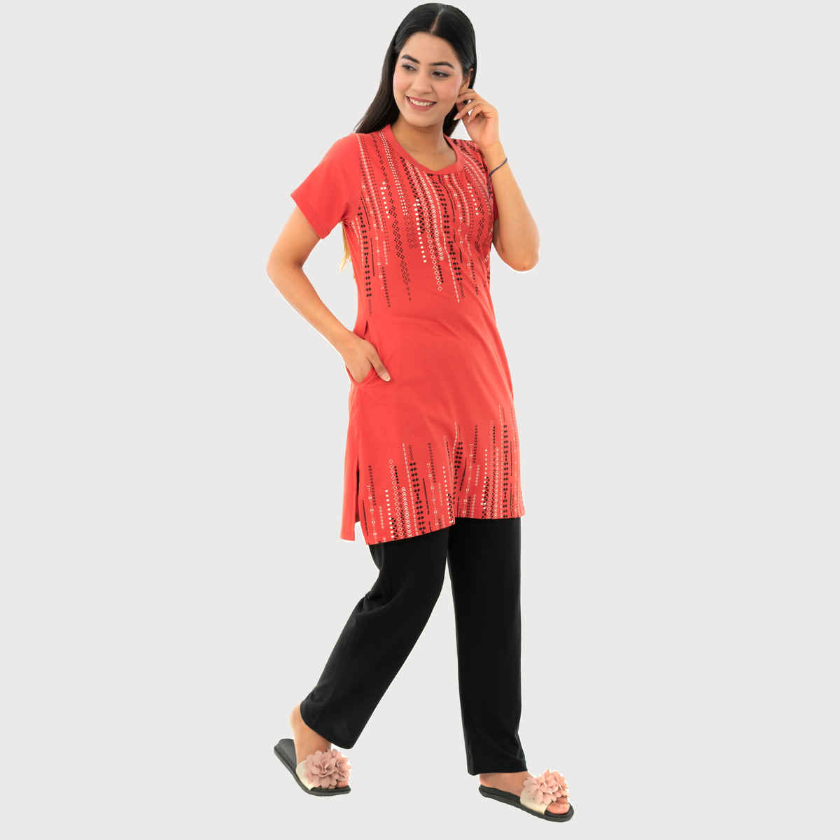 Duchess Women s Cotton Regular Fit Printed & Embroided Long Length Night Suit Set | T-Pink - XL