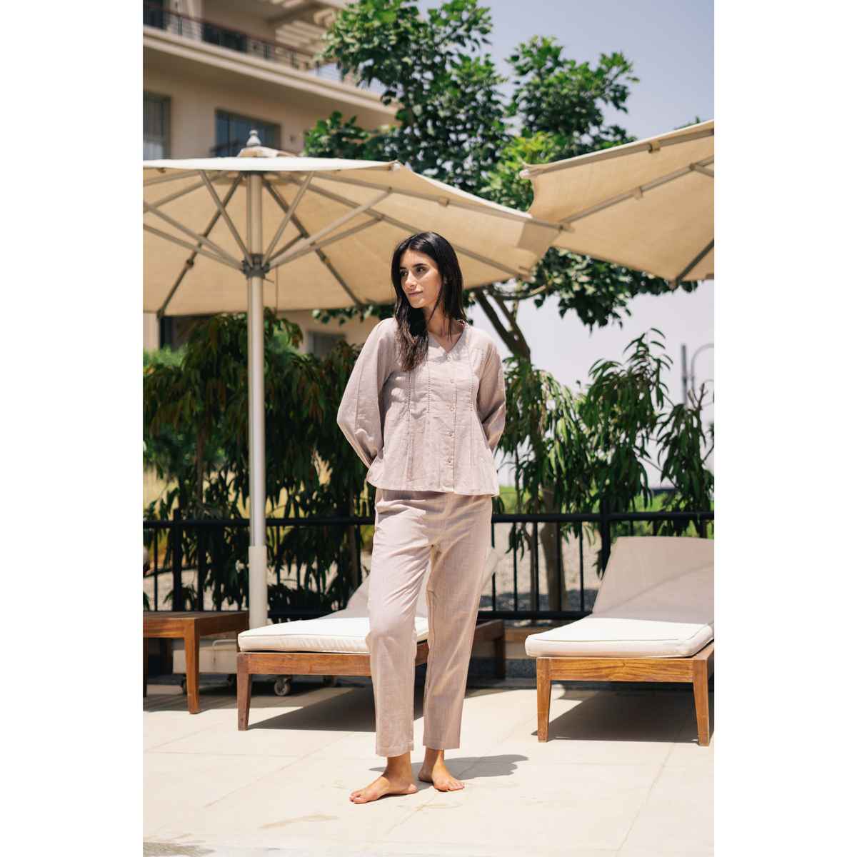 Sanskrutihomes V-Neck Pure Cotton Night Suit | Light Pink | M