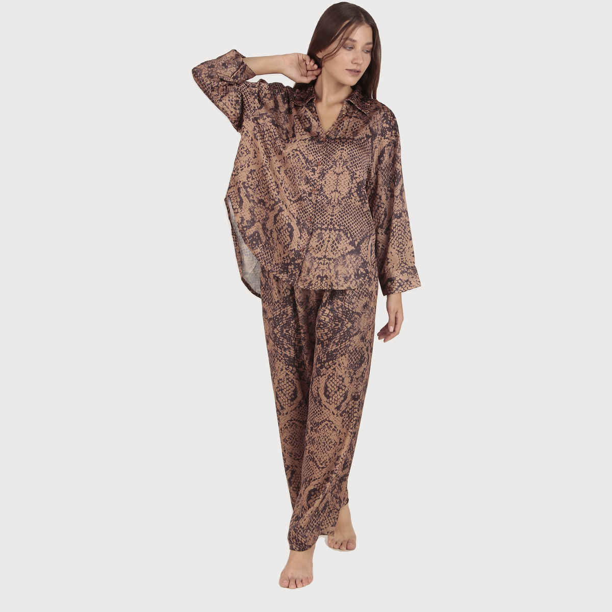 Masha Women's Snake Brown Oversized Satin Pajamas | Set | M