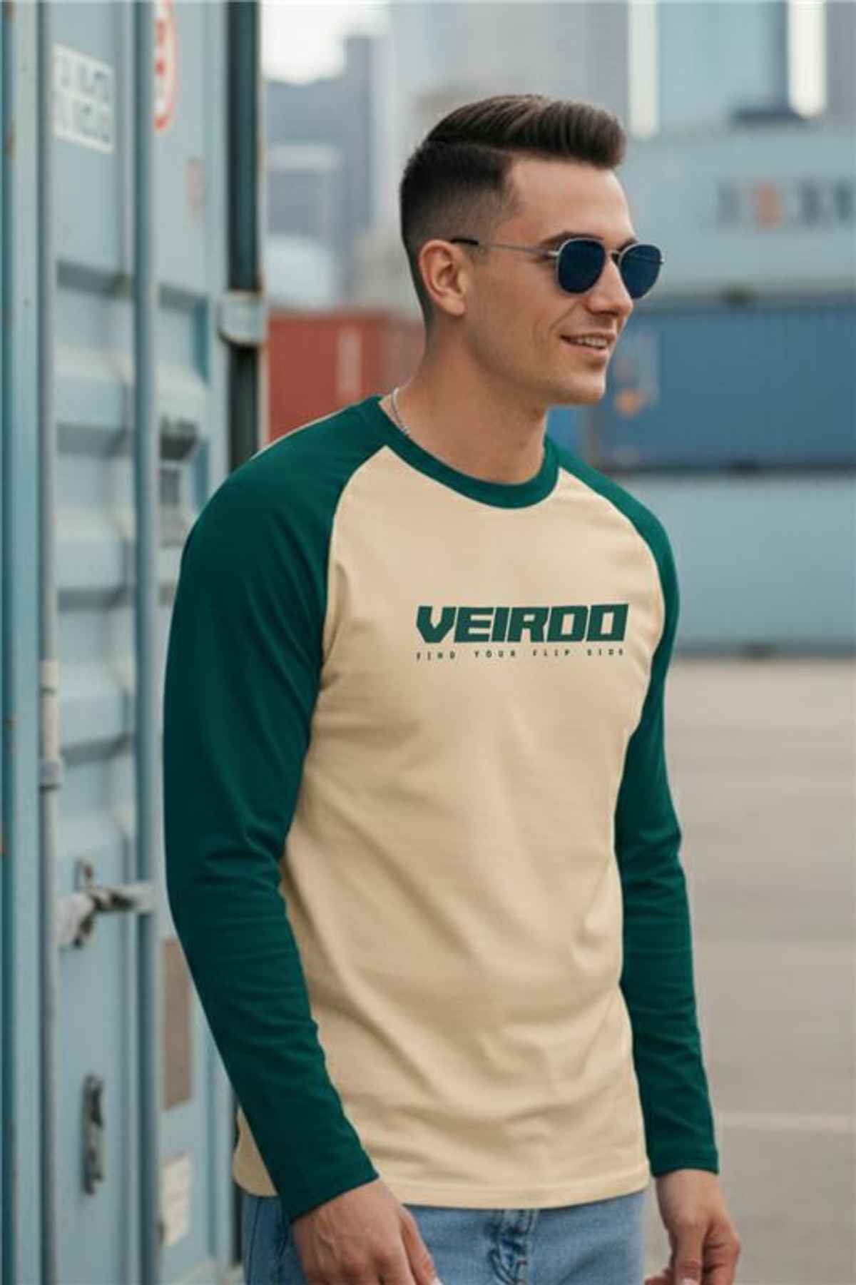 Veirdo Men's Raglan Full Sleeve Cotton Regular Fit T-Shirt | Green - M