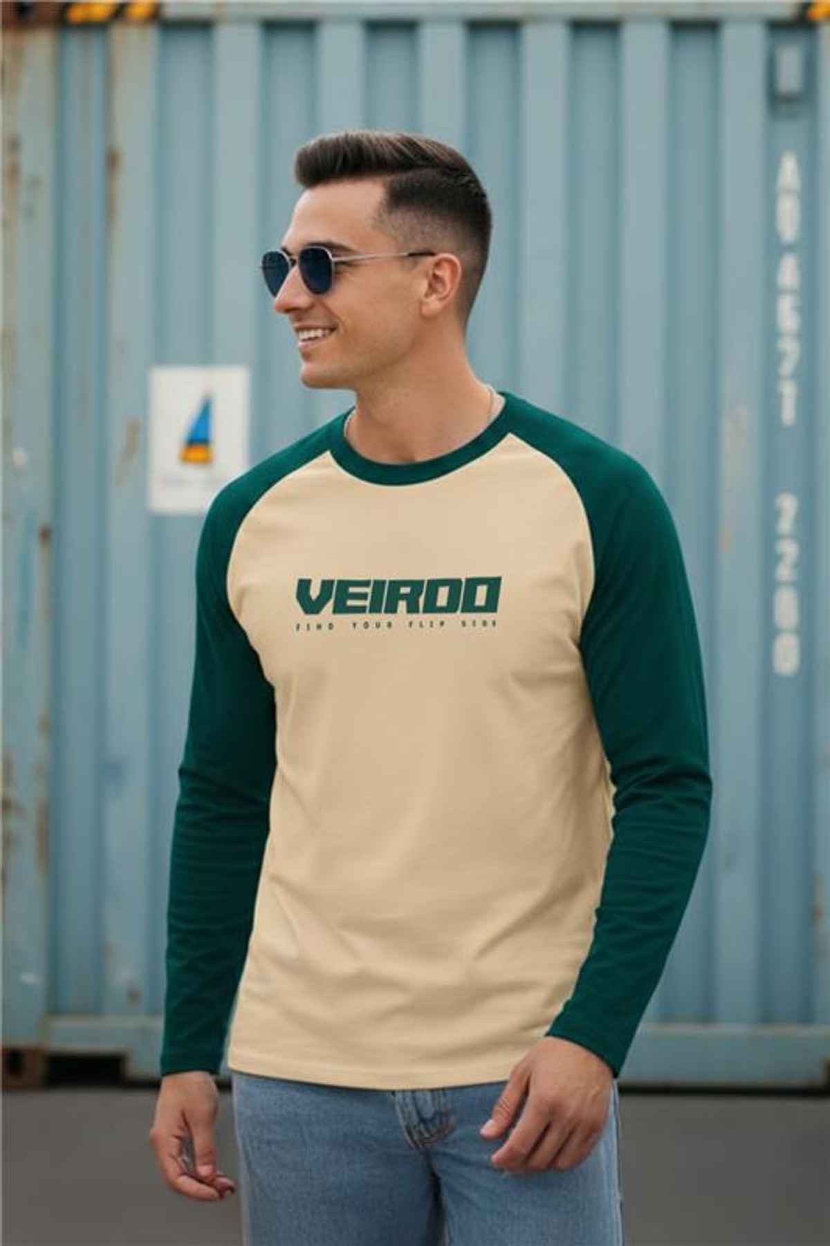 Veirdo Men's Raglan Full Sleeve Cotton Regular Fit T-Shirt | Green - M