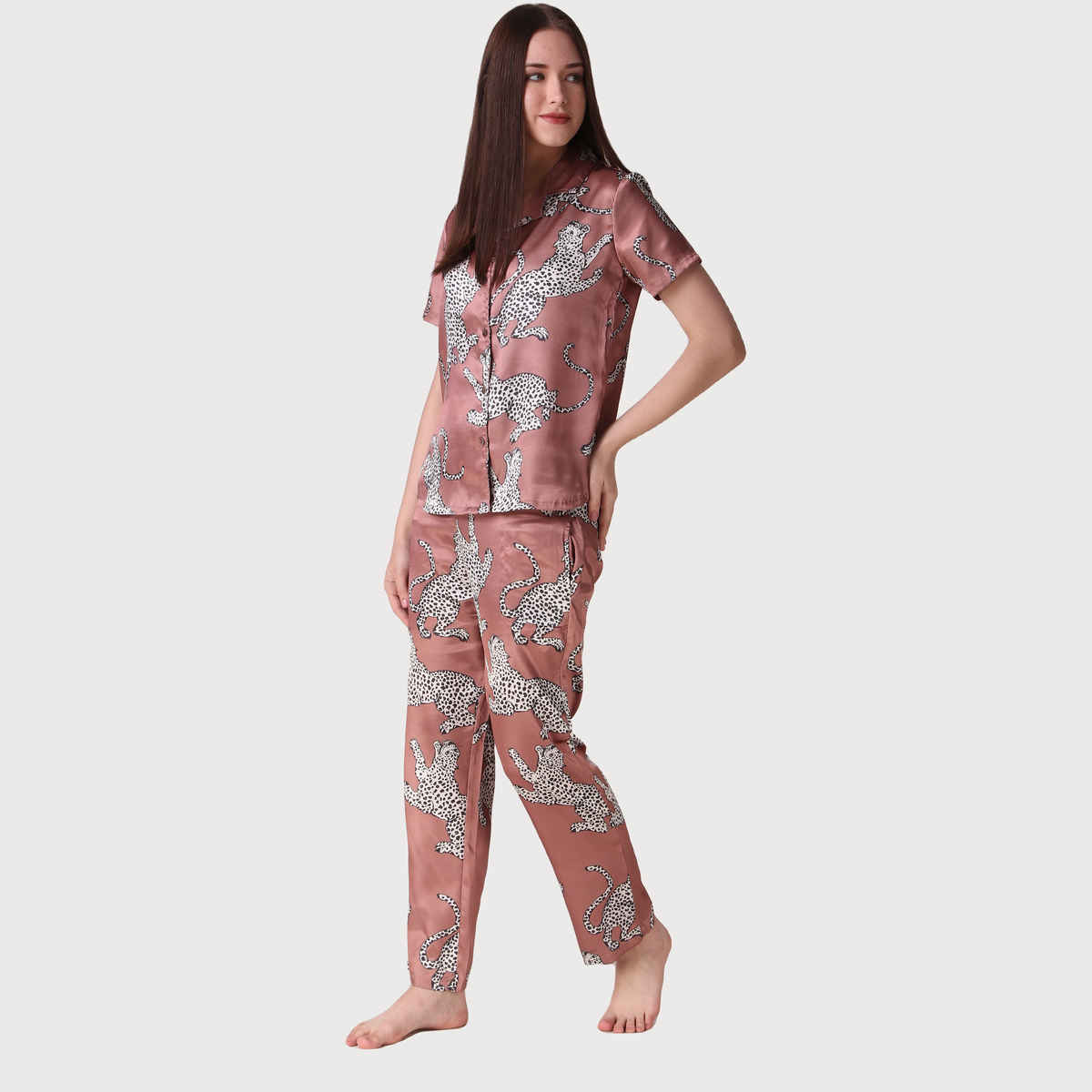 Masha Women's Cheetah Brown Satin Pajamas | Set | S