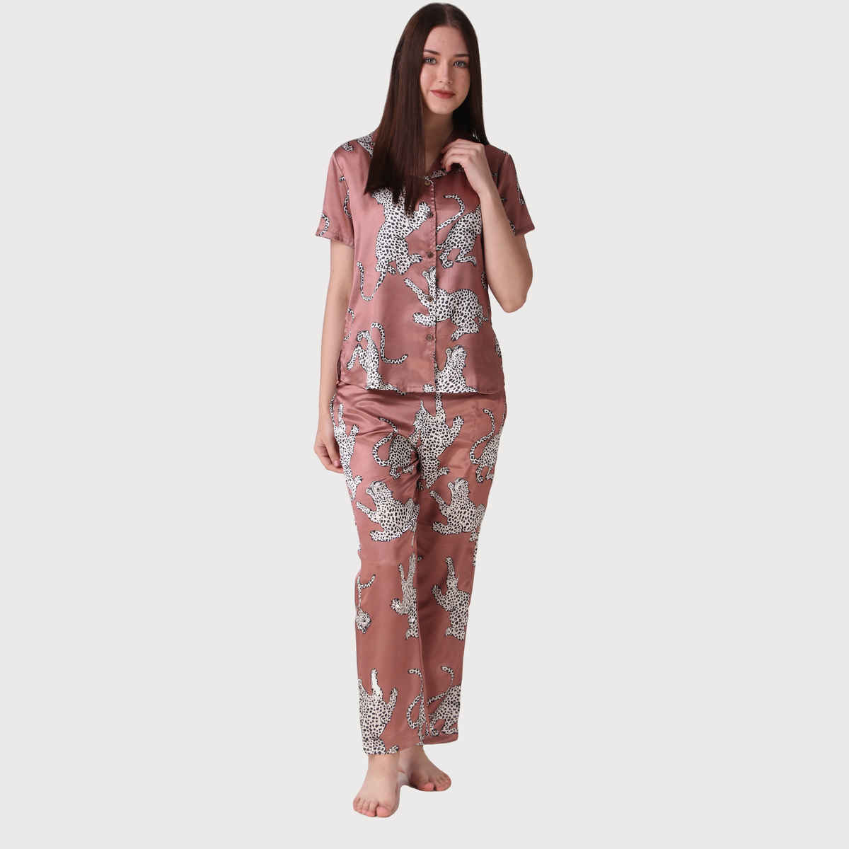 Masha Women's Cheetah Brown Satin Pajamas | Set | S