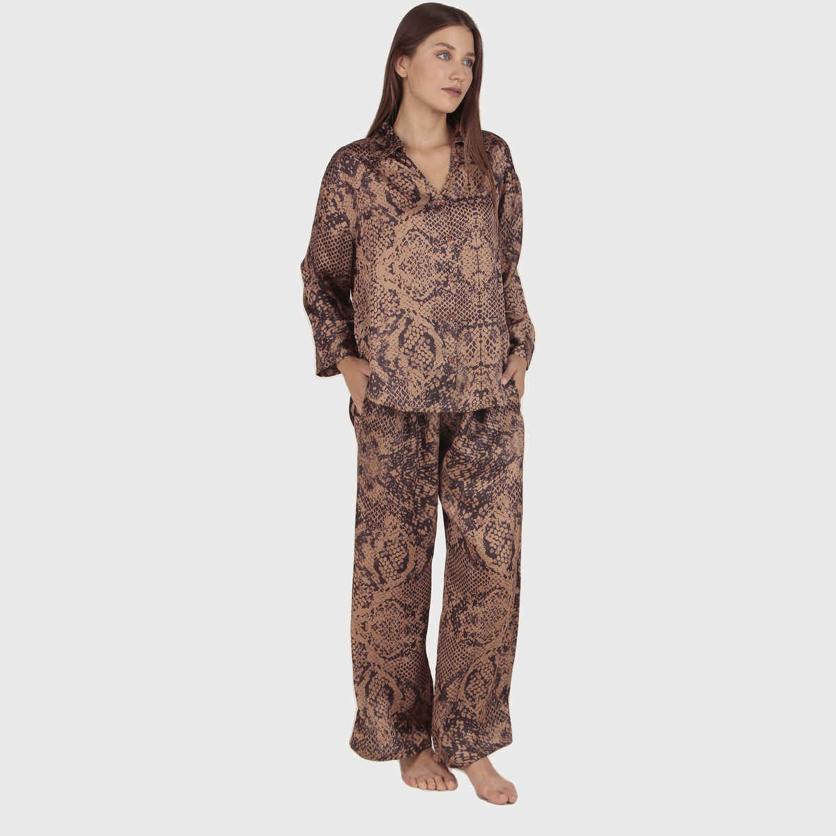 Masha Women's Snake Brown Oversized Satin Pajamas | Set | M