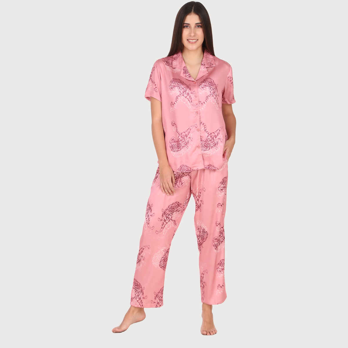Masha Women's Tiger Pink Satin Pajamas | Set | XL