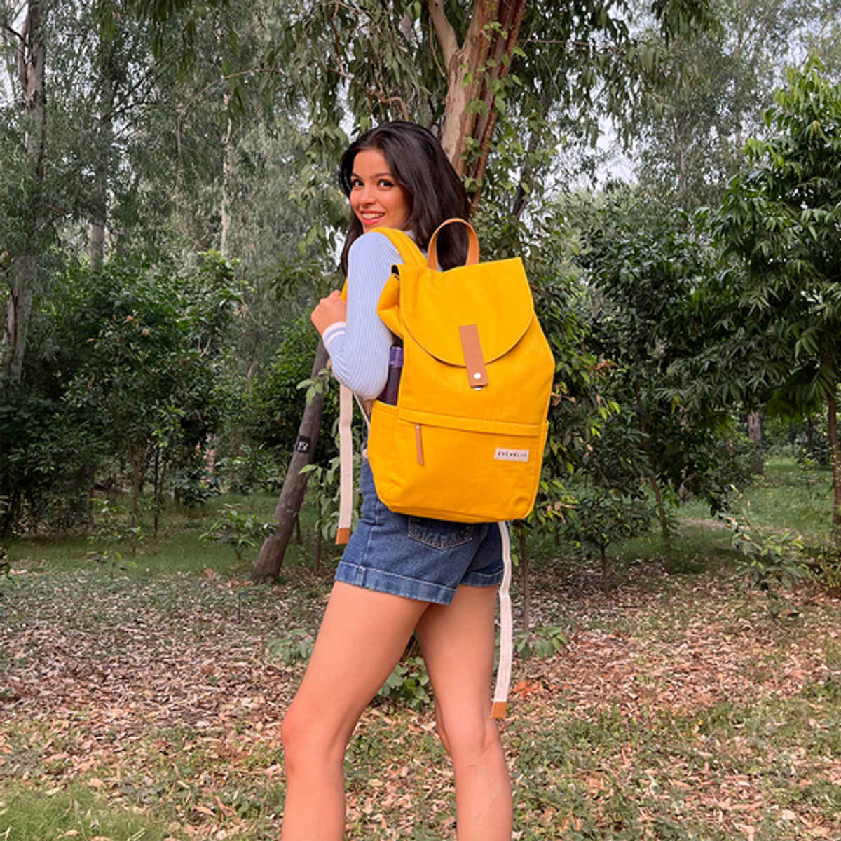 Svenklas Unisex Solid Canvas and Genuine Leather 20 L Top Handle Backpack | Yellow - 16 Inches