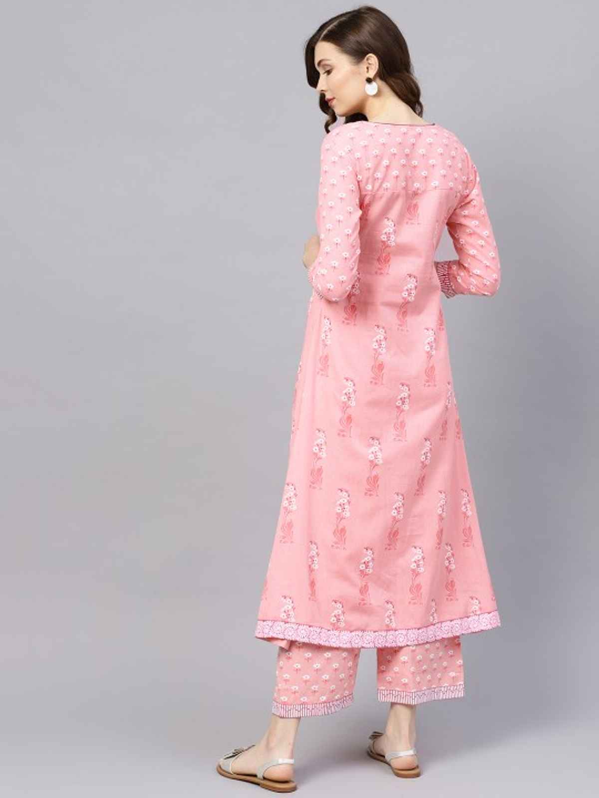 Ishin Women Floral Anarkali Kurta Palazzo Set | KURPLGASH-474 | Cotton Pink - M