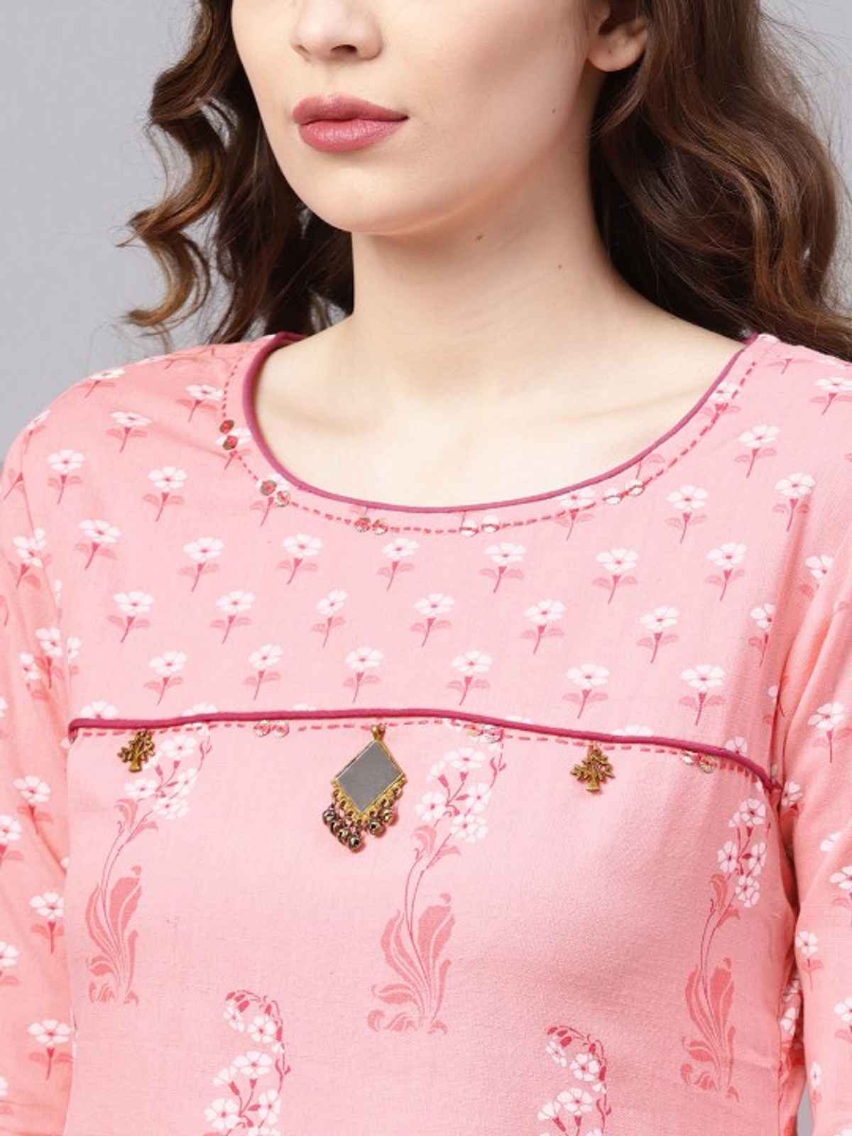 Ishin Women Floral Anarkali Kurta Palazzo Set | KURPLGASH-474 | Cotton Pink - M