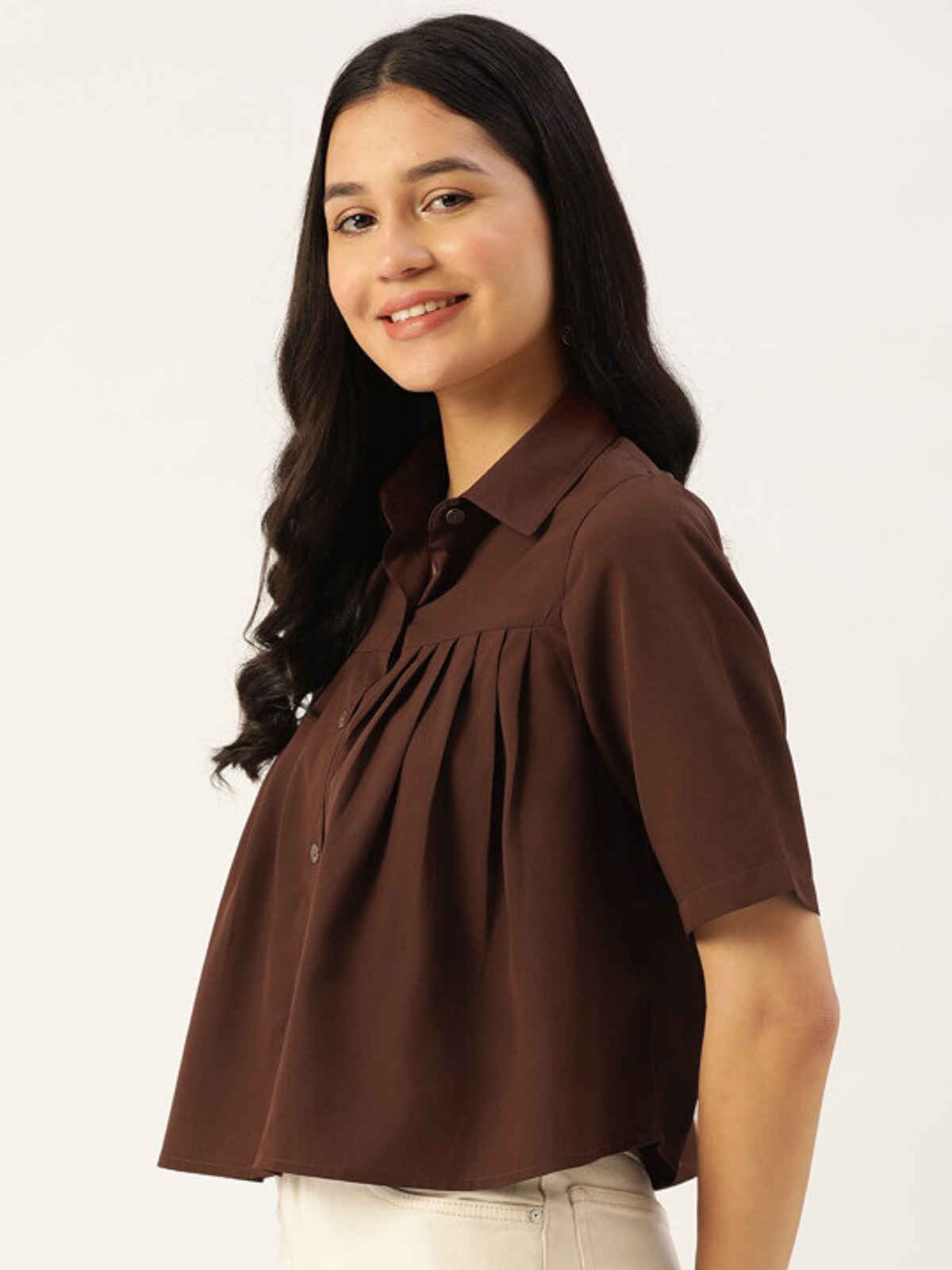 Slenor Women Shirt Collar Short Sleeves Crop Shirt | Brown | L